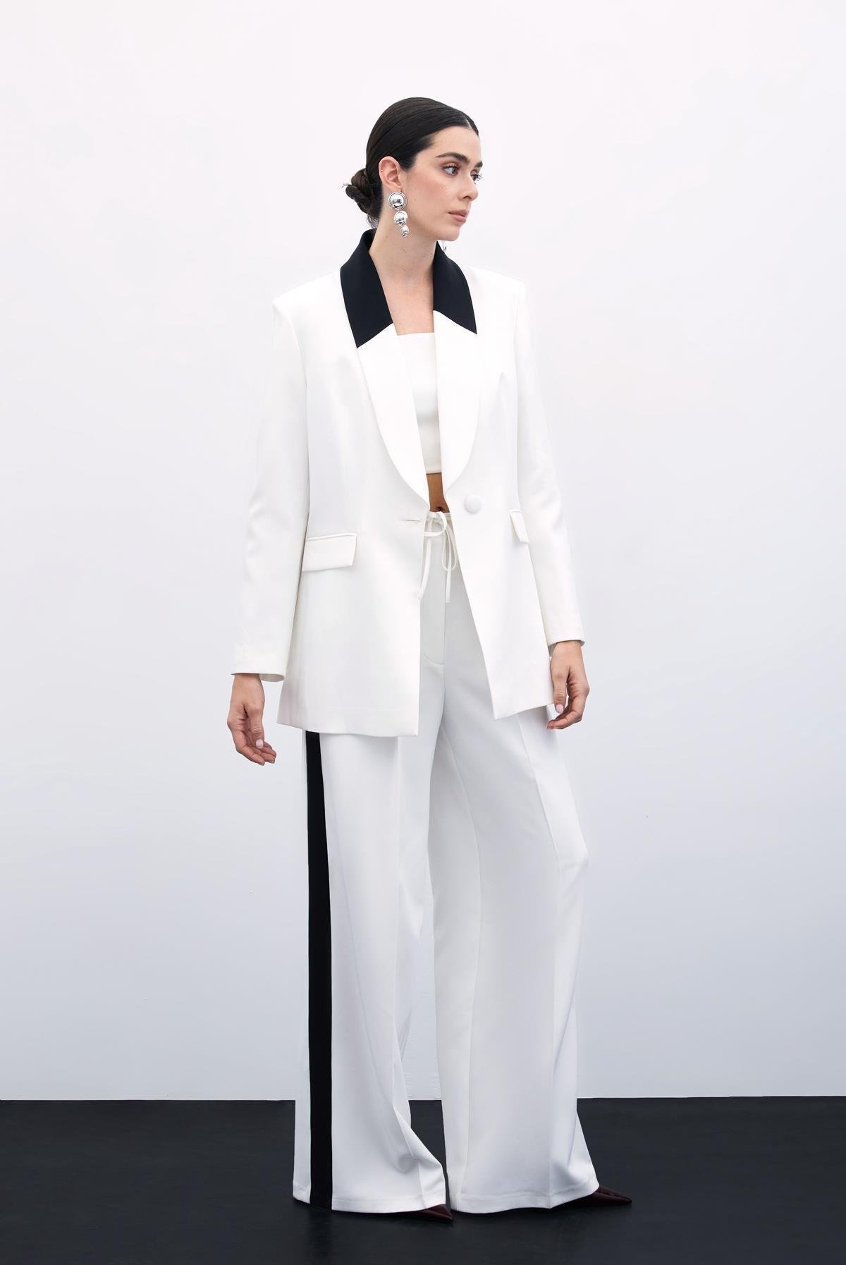 Kontrast Uzun Ceket - Ekru