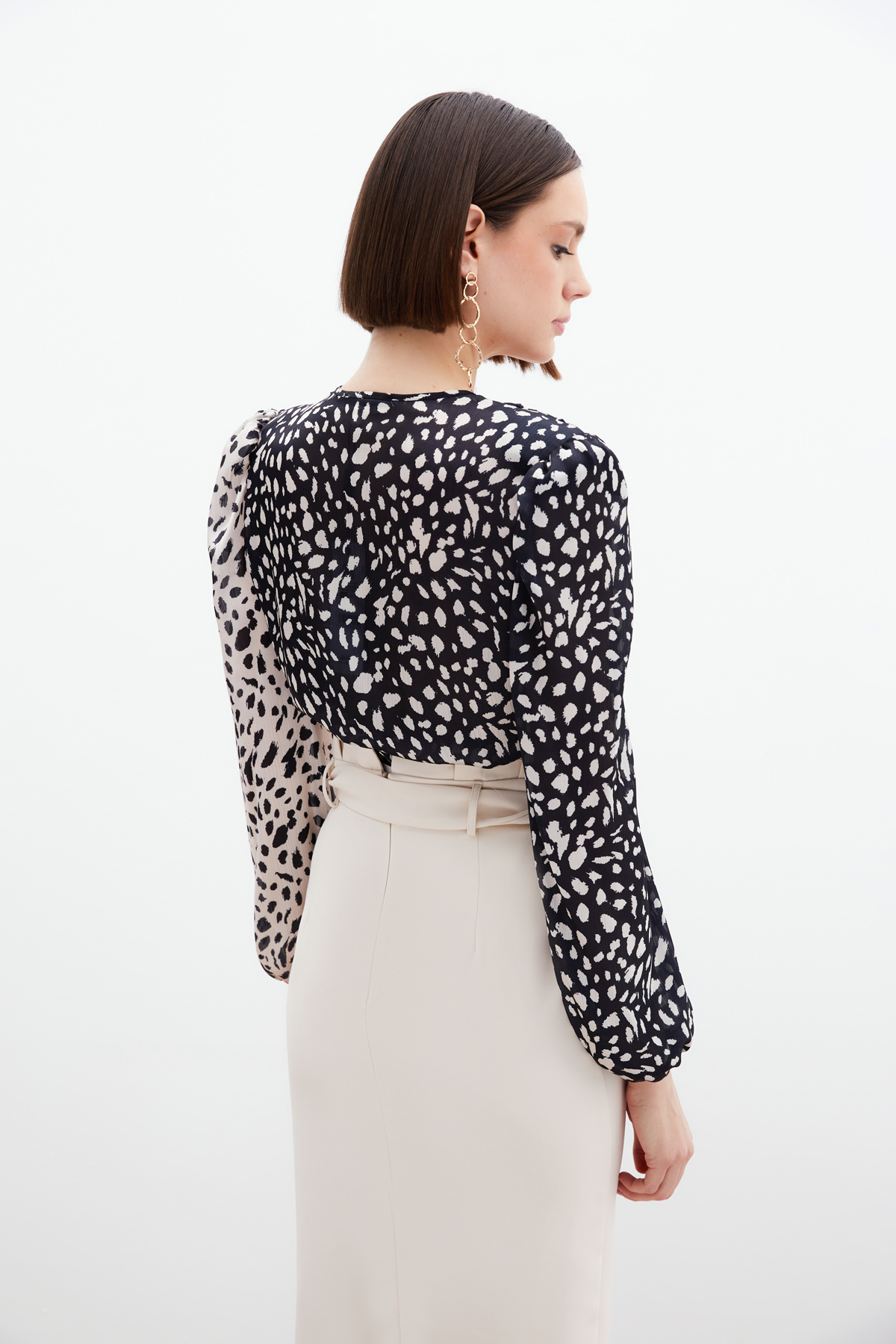 Kruvaze Desenli Bodysuit - Bej-Siyah