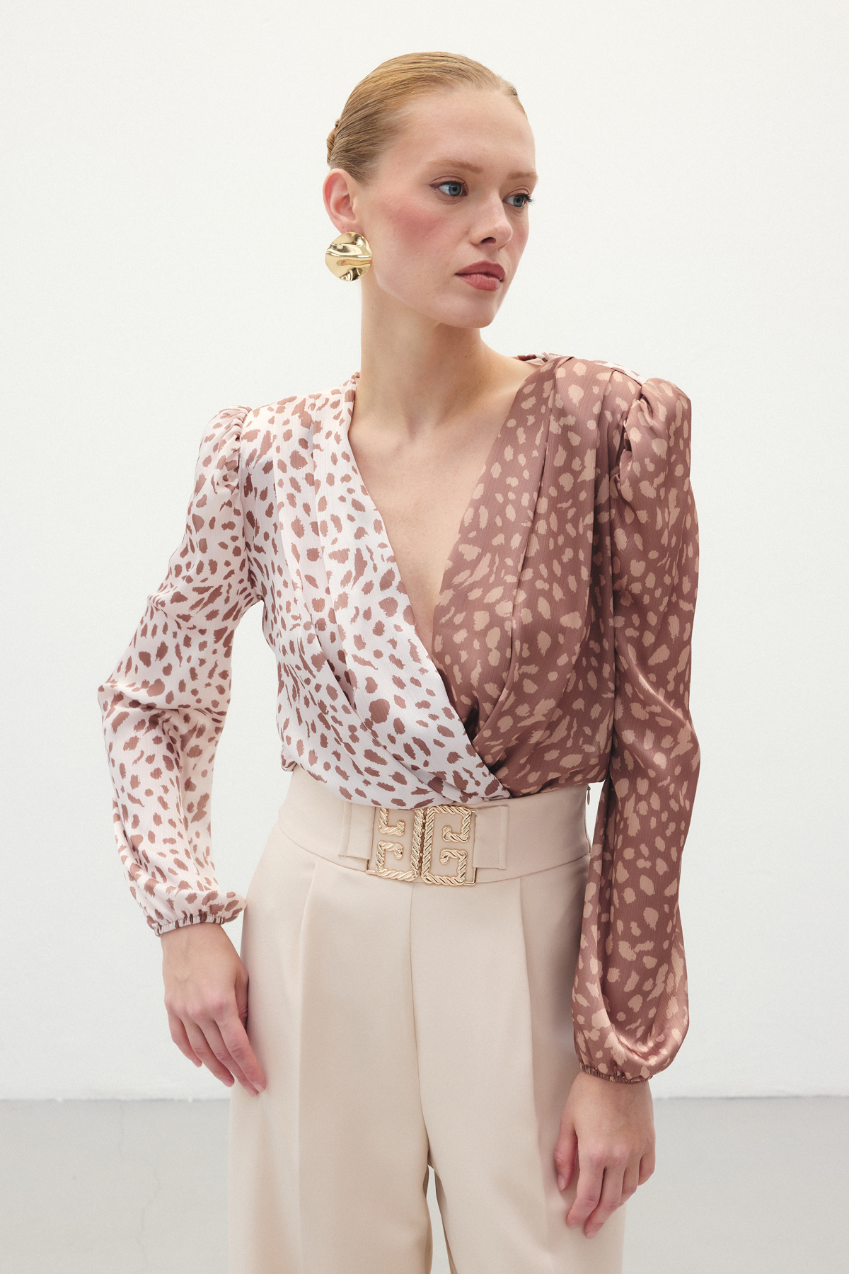 Kruvaze Desenli Bodysuit - Kahve-Bej