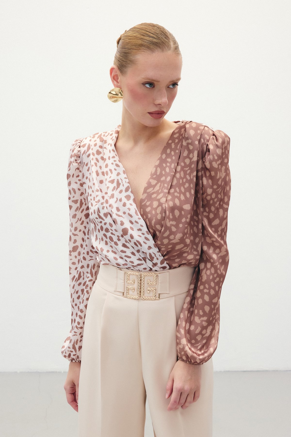 Kruvaze Desenli Bodysuit - Kahve-Bej