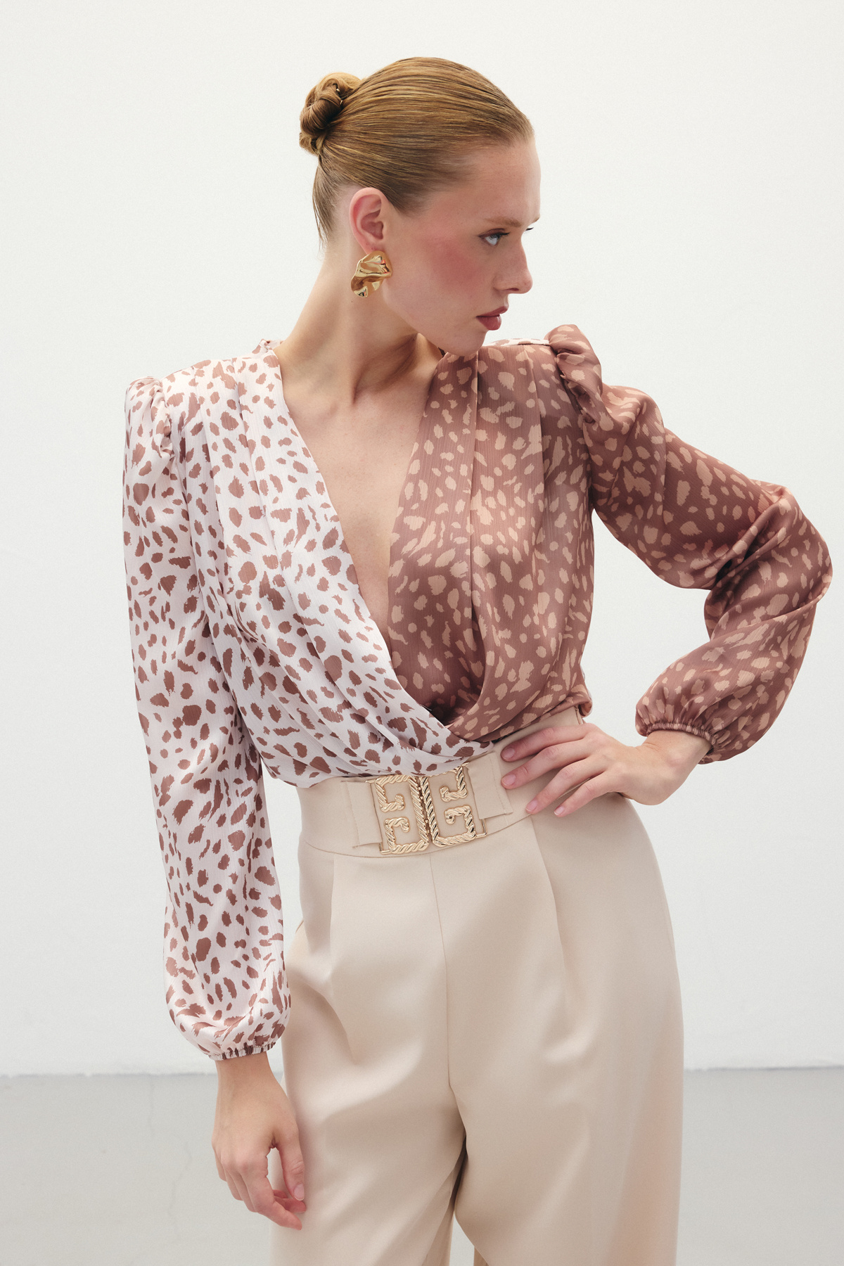 Kruvaze Desenli Bodysuit - Kahve-Bej