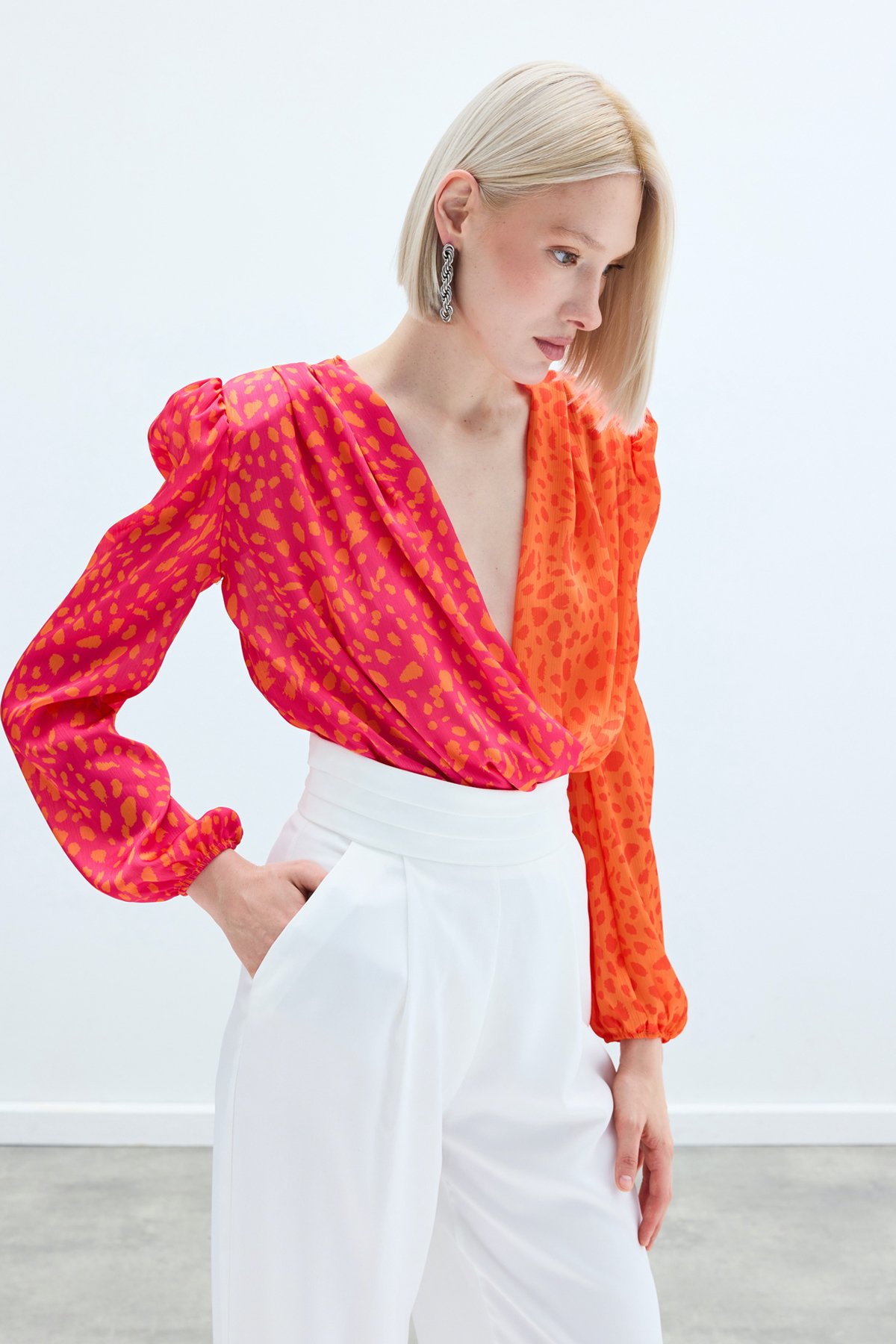 Kruvaze Desenli Bodysuit - Oranj-Fuşya