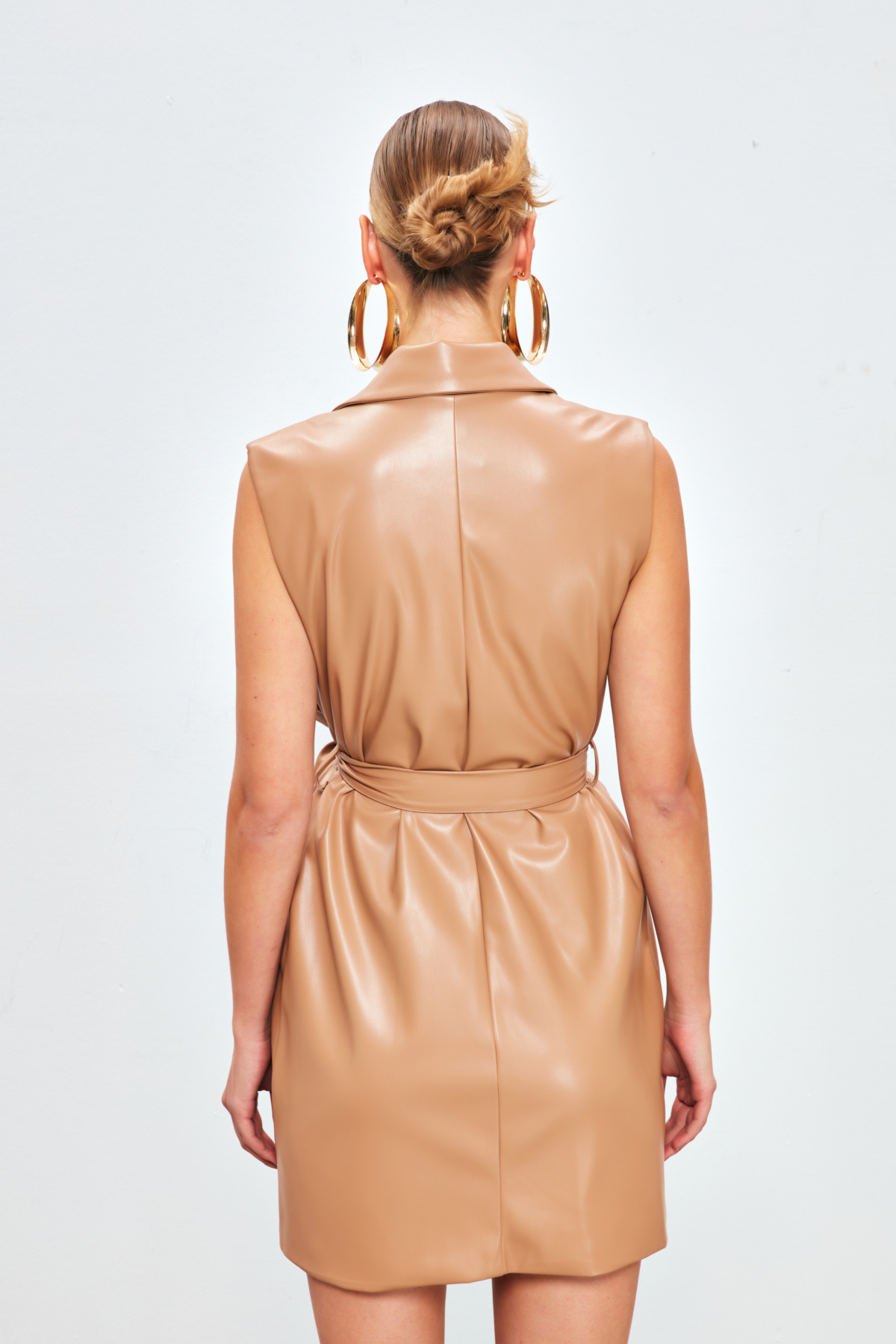 Kuşaklı Deri Yelek Elbise - FINDIK