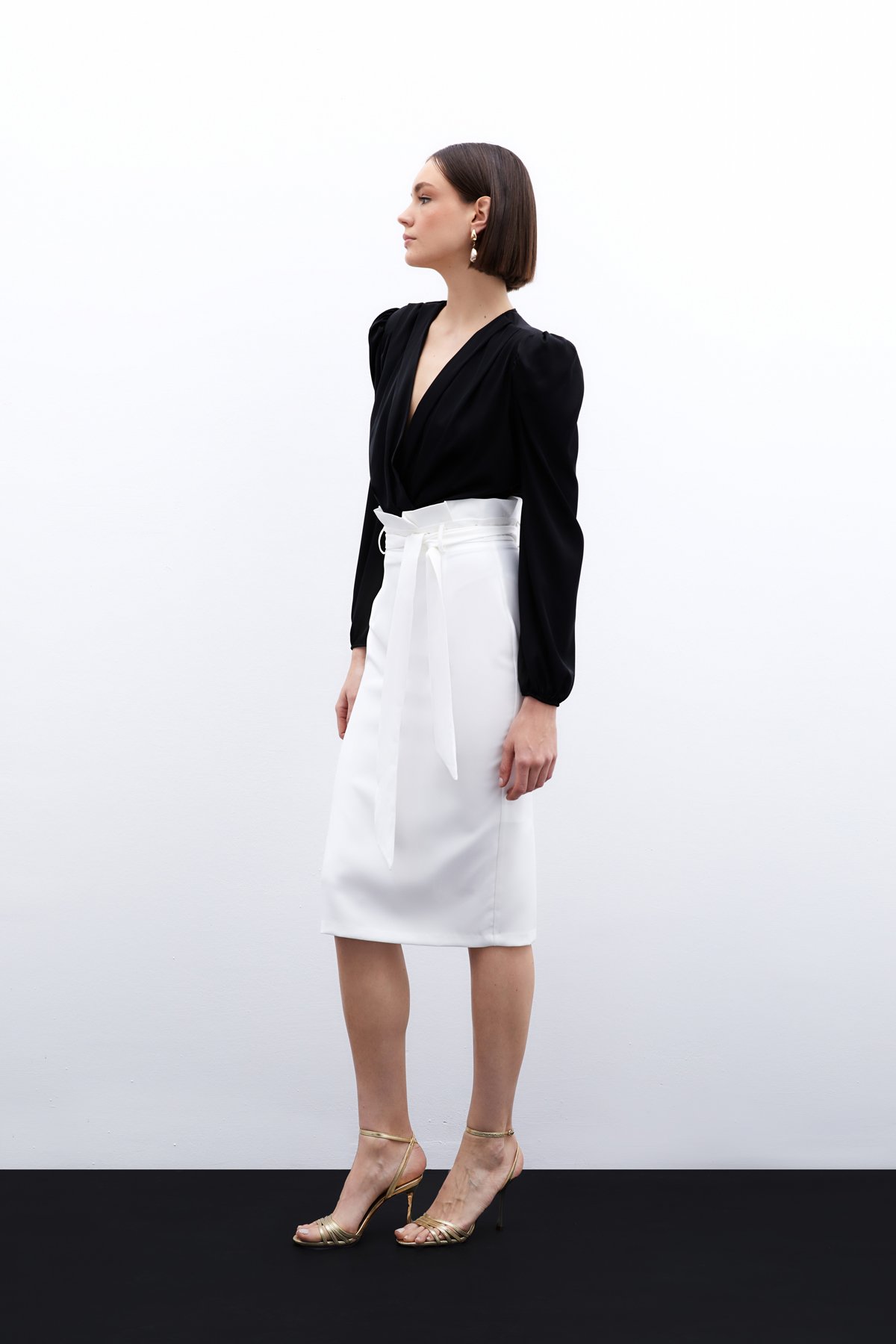 Kuşaklı Kalem Etek - Ekru