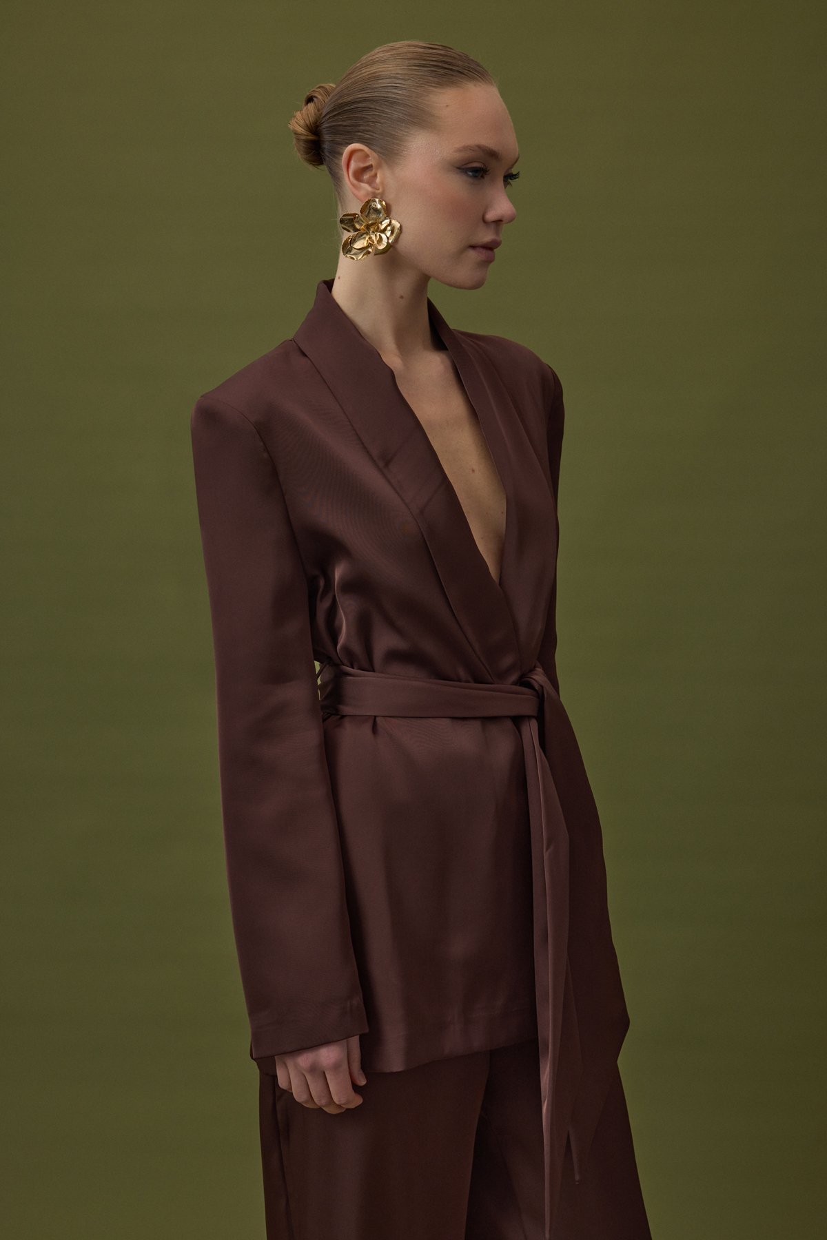 Kuşaklı Saten Ceket - Kahve