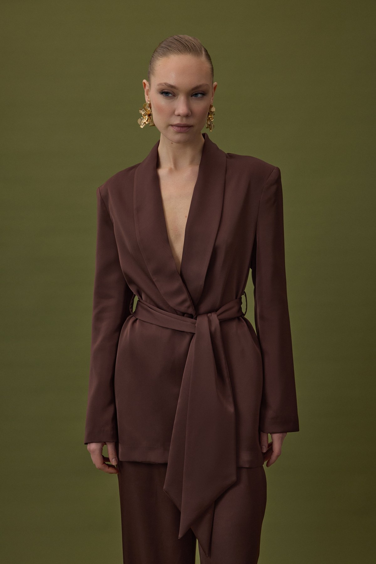 Kuşaklı Saten Ceket - Kahve