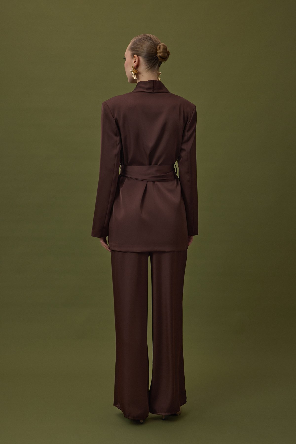 Kuşaklı Saten Ceket - Kahve