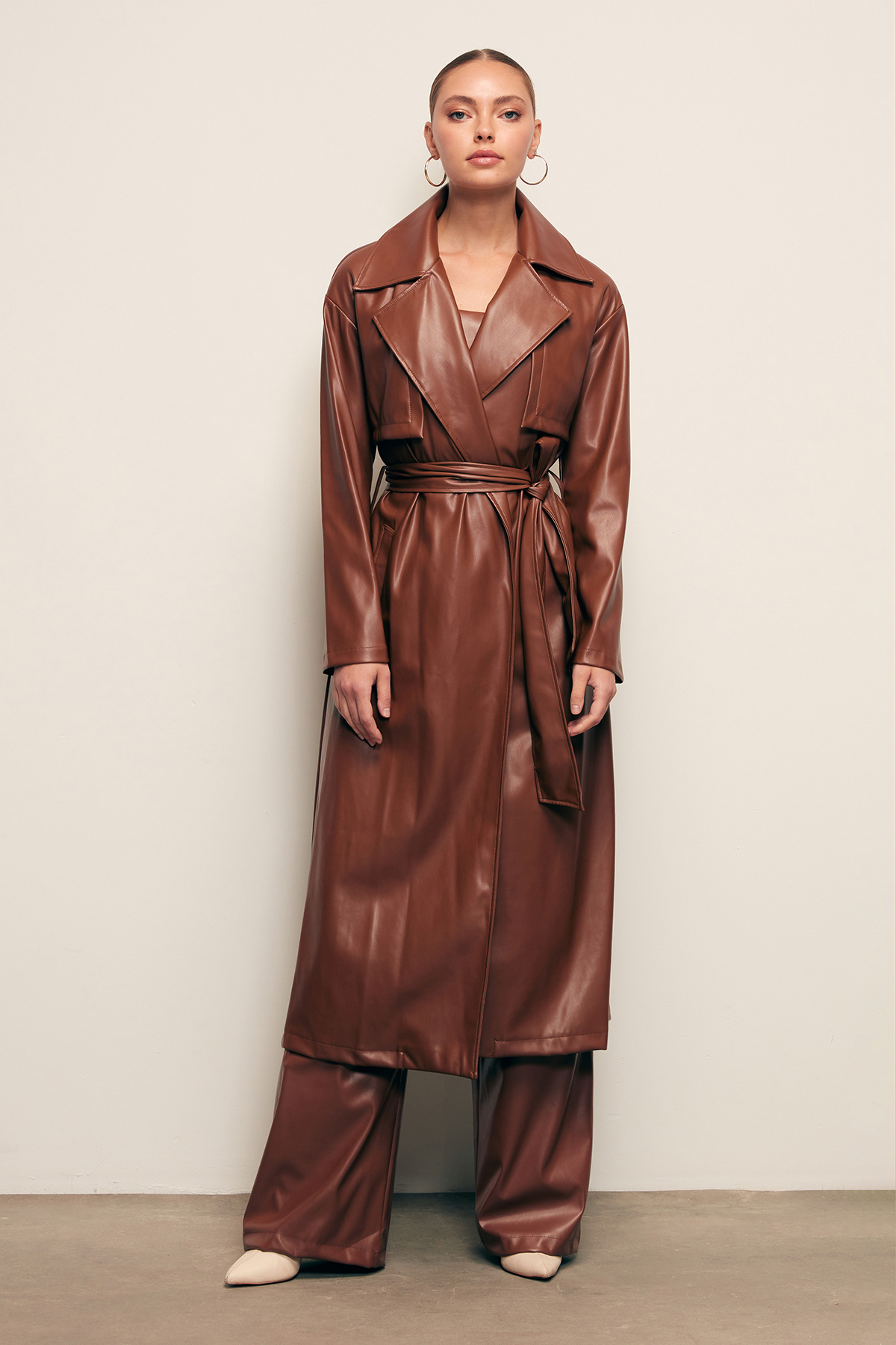 Kuşaklı Uzun Deri Trenç - KAHVE