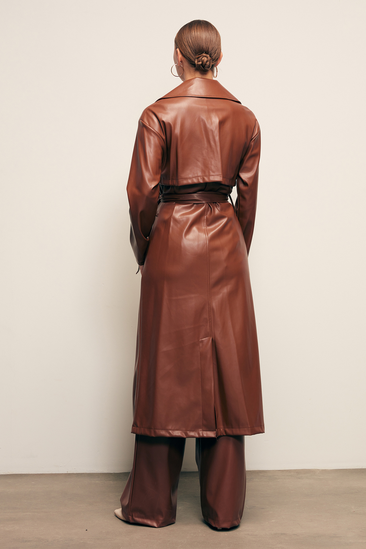 Kuşaklı Uzun Deri Trenç - KAHVE