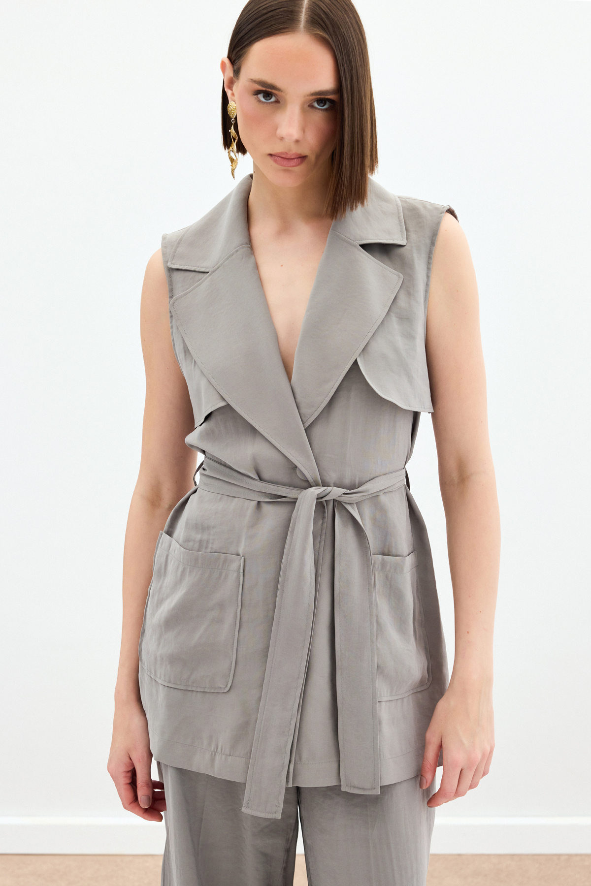 Kuşaklı Uzun Yelek - Haki