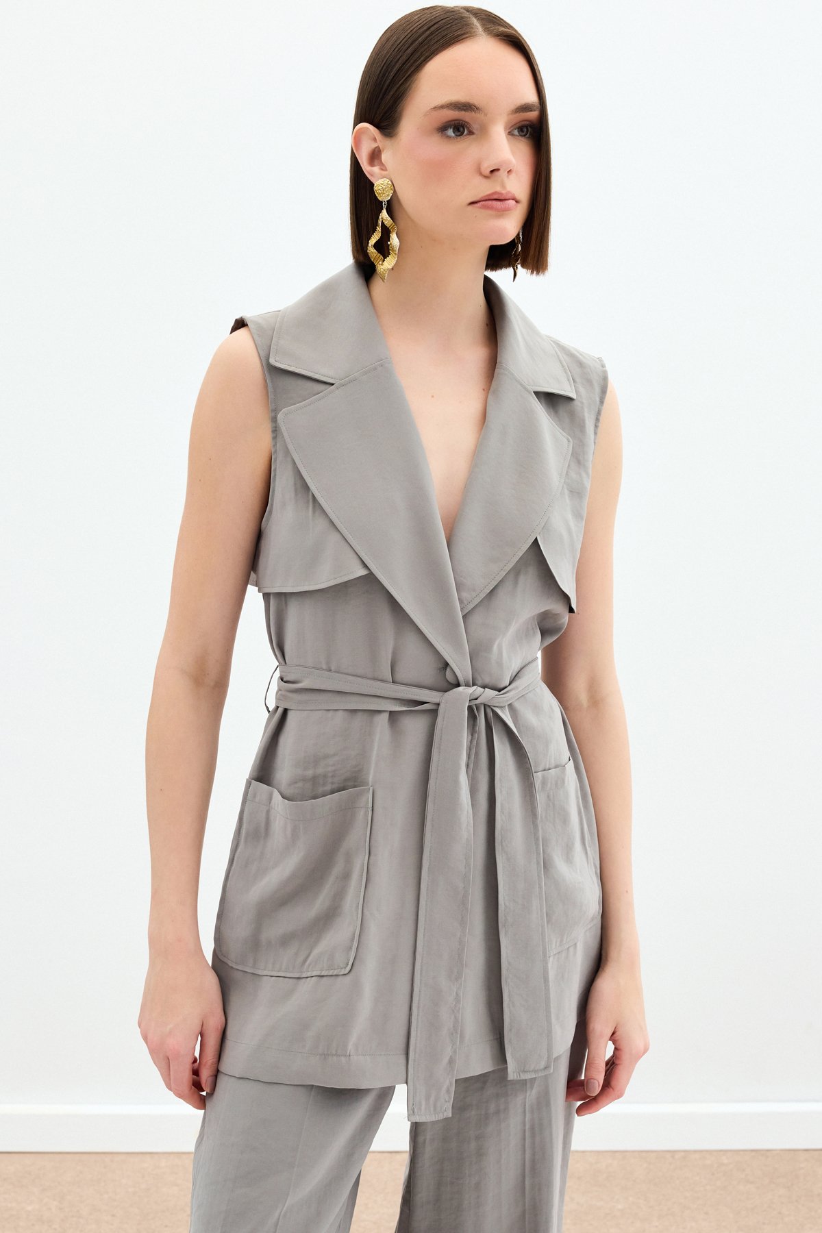 Kuşaklı Uzun Yelek - Haki