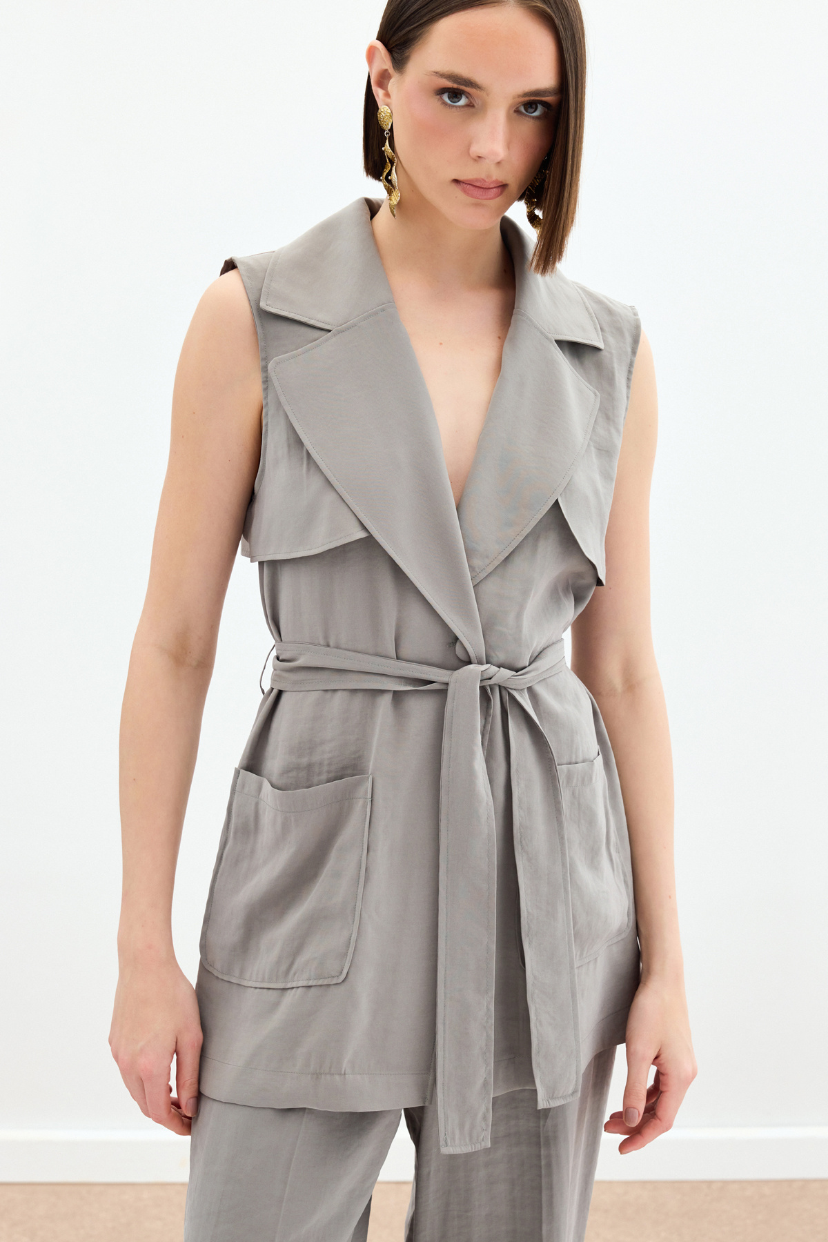 Kuşaklı Uzun Yelek - Haki