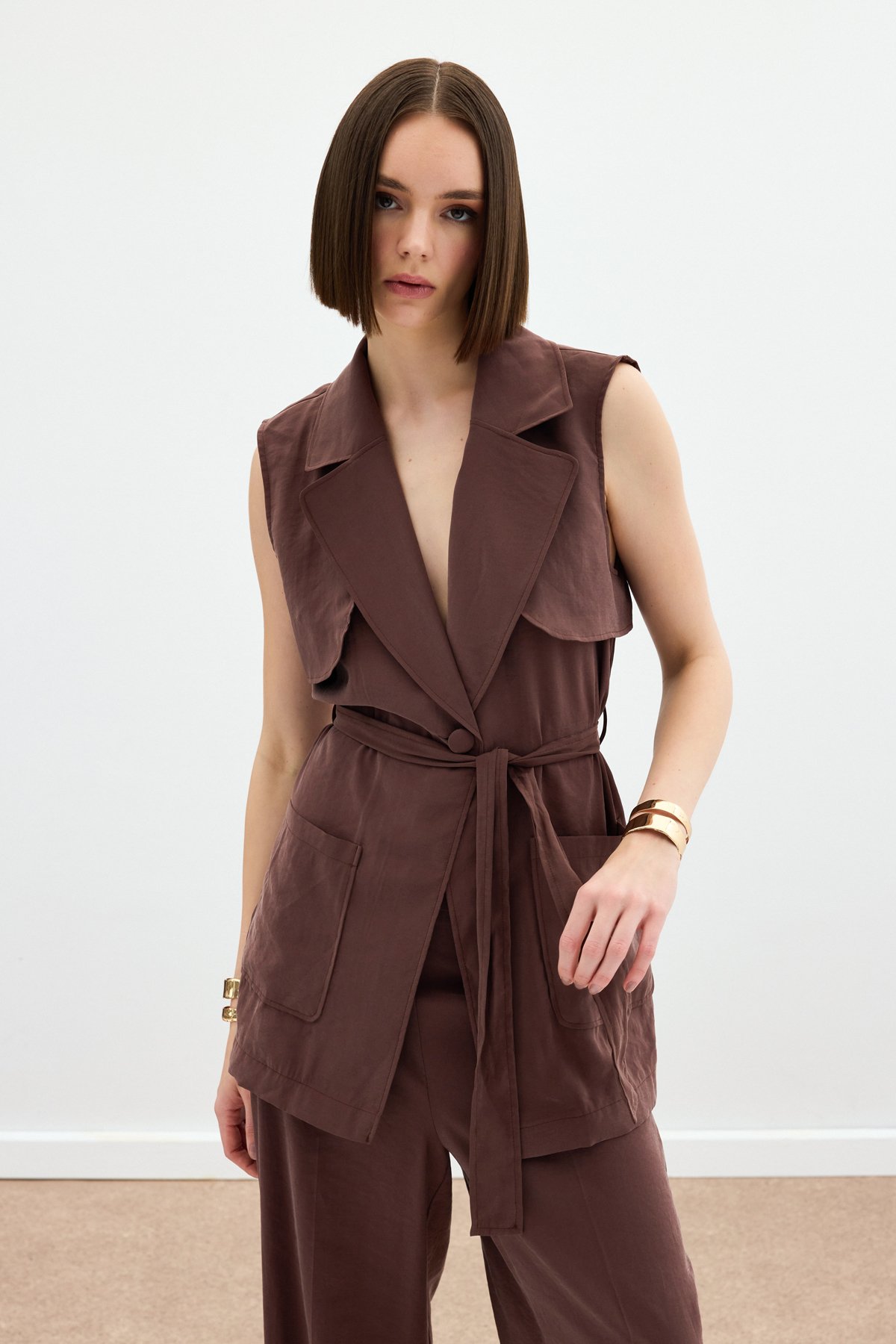 Kuşaklı Uzun Yelek - Kahve