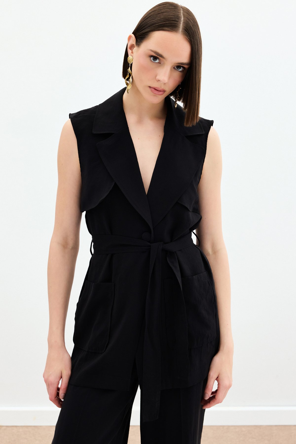 Kuşaklı Uzun Yelek - Siyah