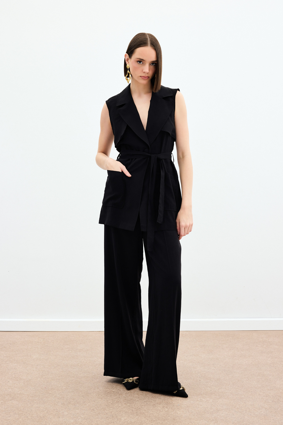 Kuşaklı Uzun Yelek - Siyah