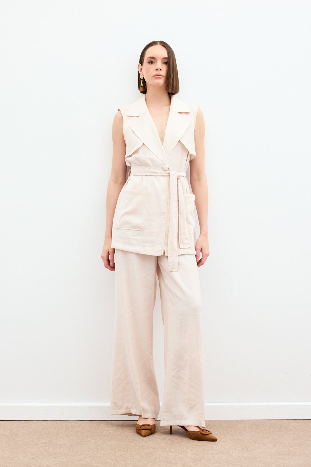 Kuşaklı Uzun Yelek - Taş