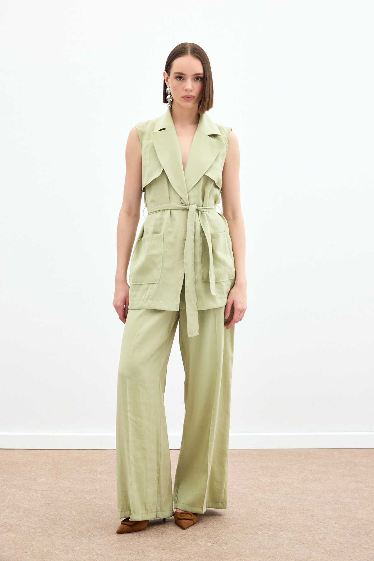 Kuşaklı Uzun Yelek - Yağ Yeşili