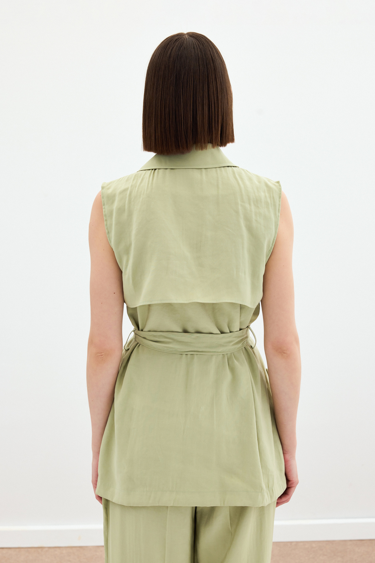 Kuşaklı Uzun Yelek - Yağ Yeşili