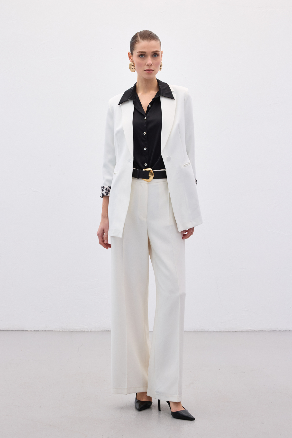 Mono Yaka Klasik Ceket - Ekru-Siyah