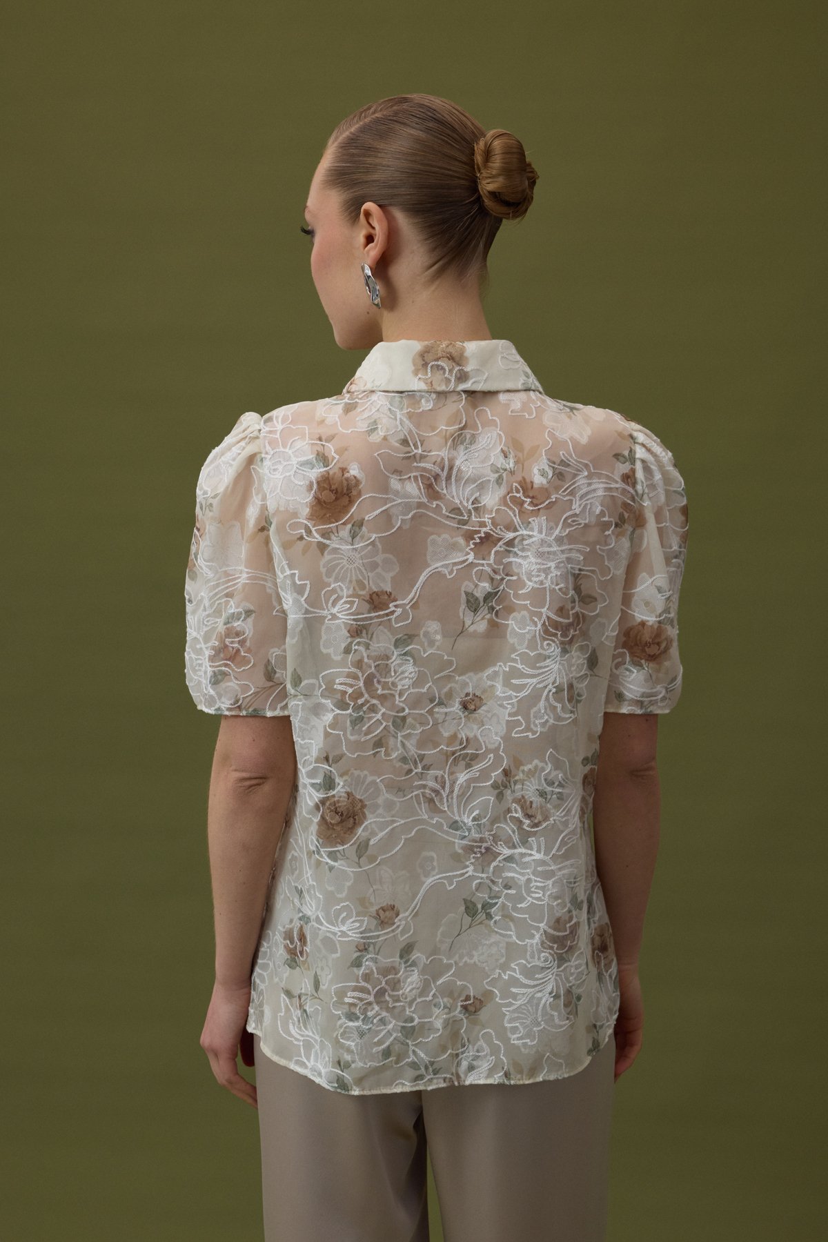 Nakışlı Kısa Kollu Gömlek - Vizon