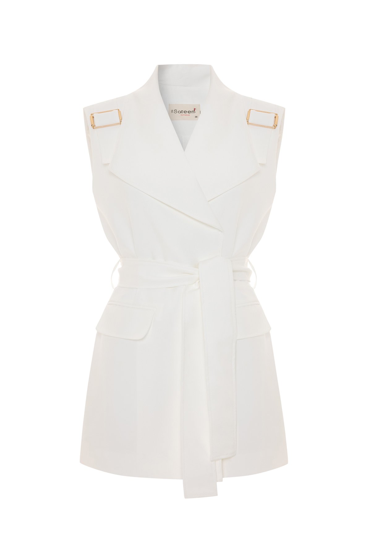 Omuz Aksesuarlı Kuşaklı Yelek - Ekru