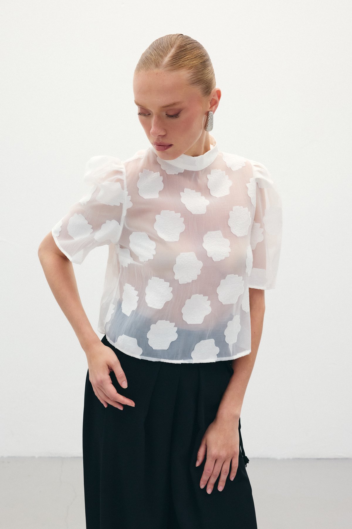 Organze Kısa Kol Bluz - Ekru