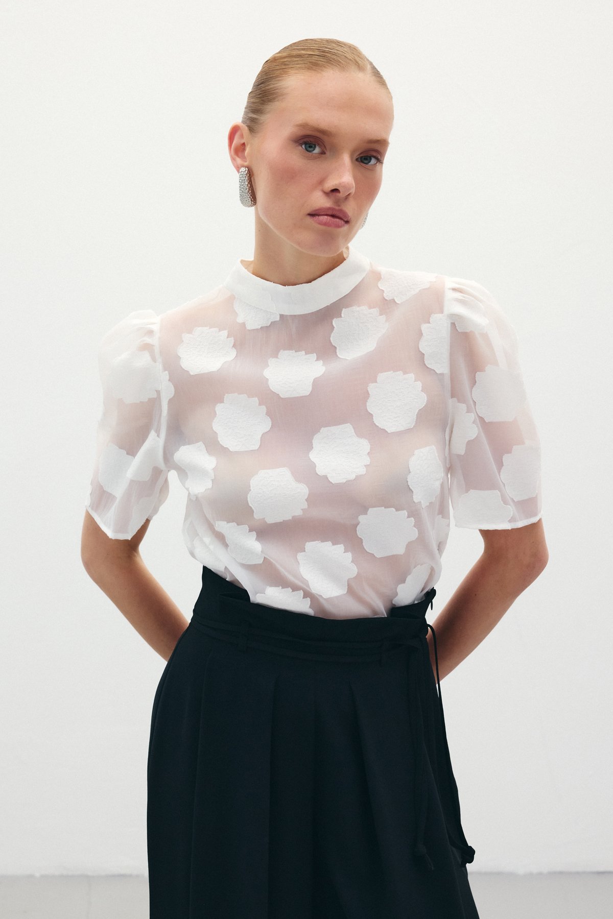 Organze Kısa Kol Bluz - Ekru