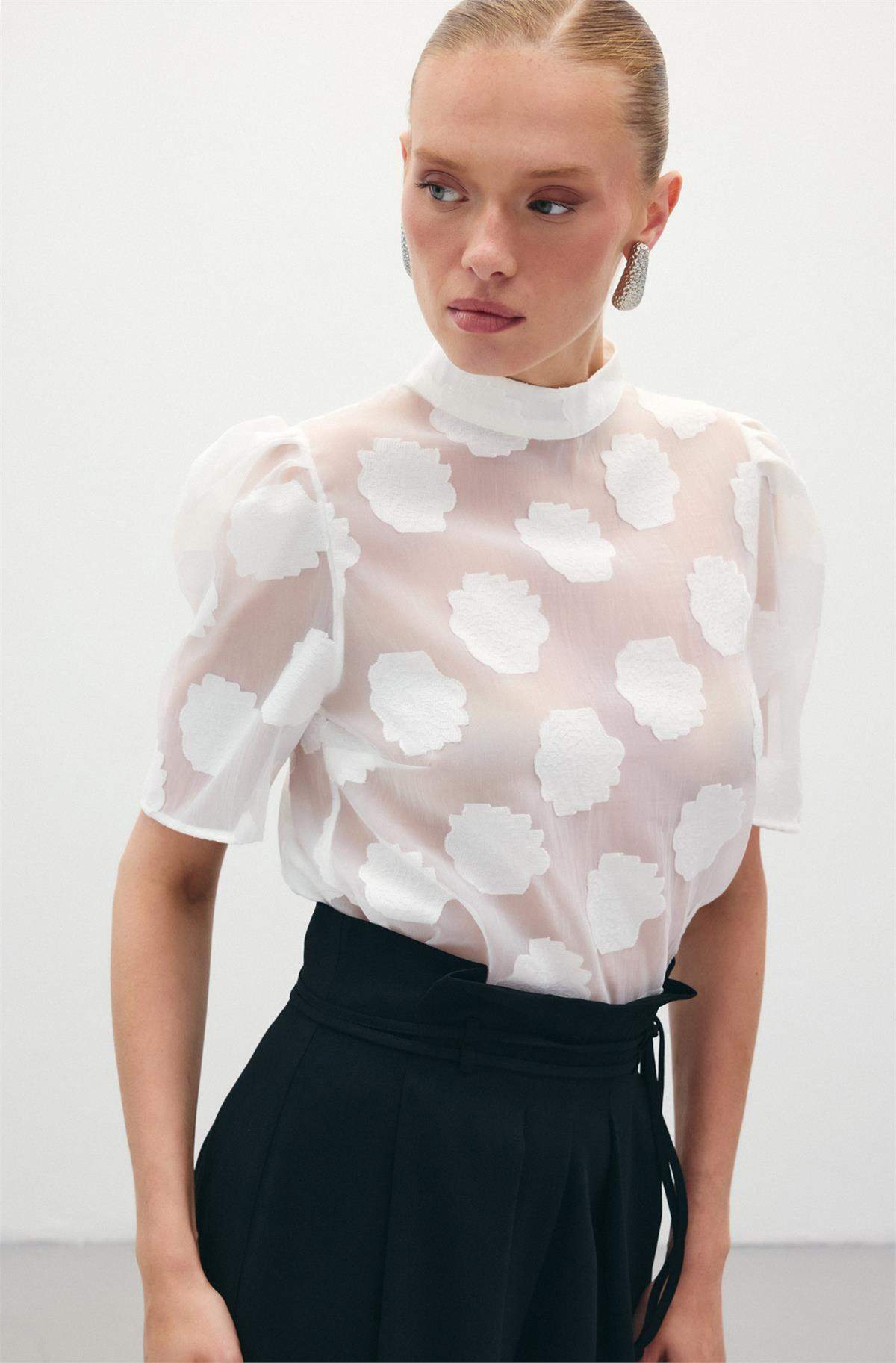 Organze Kısa Kol Bluz - Ekru