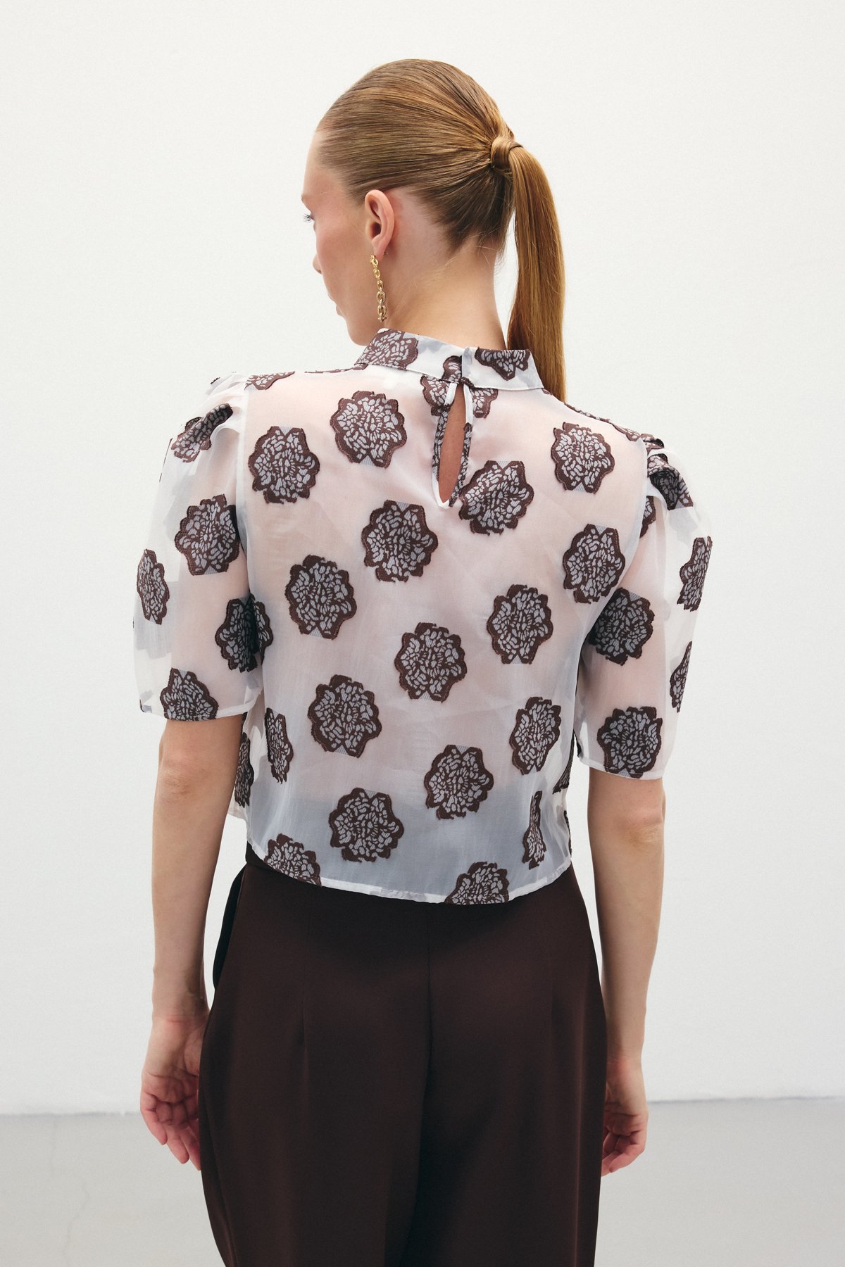 Organze Kısa Kol Bluz - Kahve