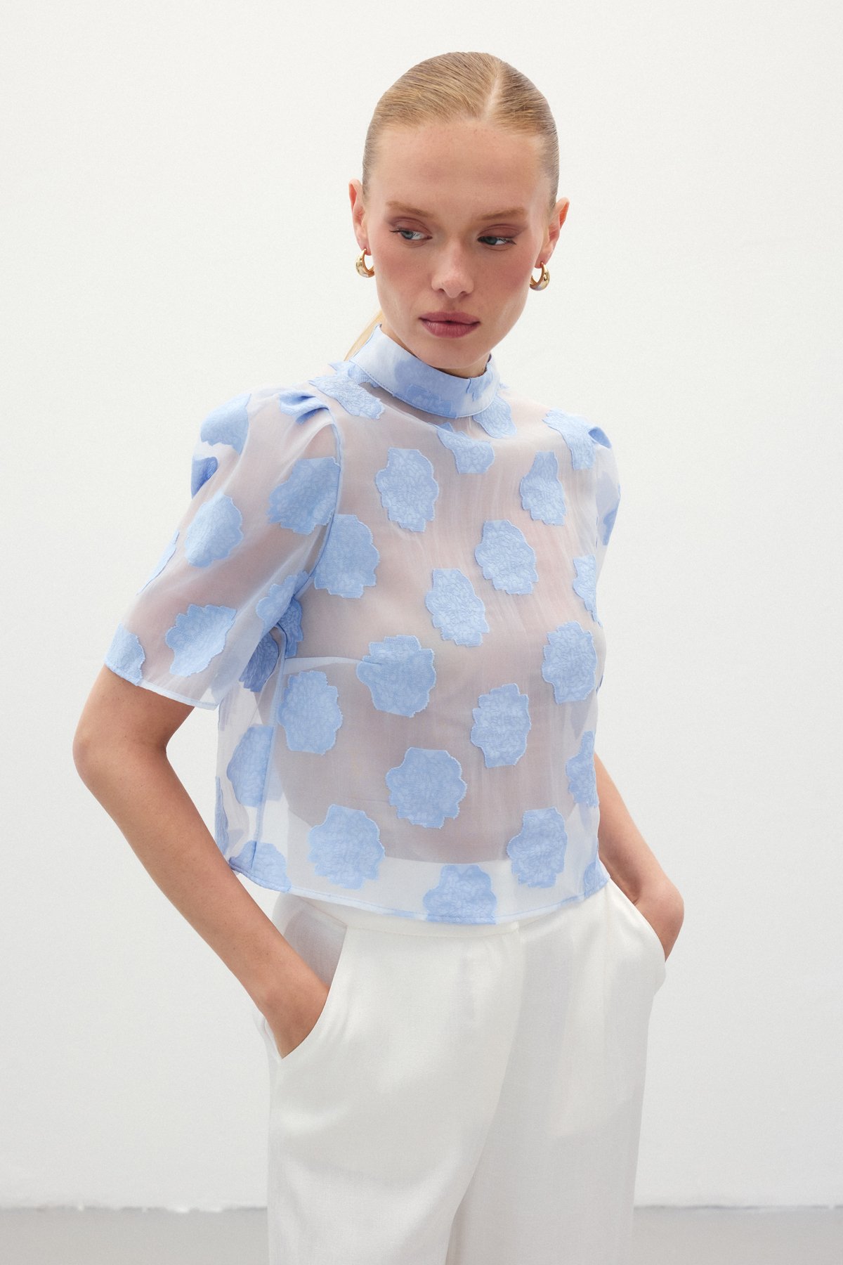 Organze Kısa Kol Bluz - Mavi