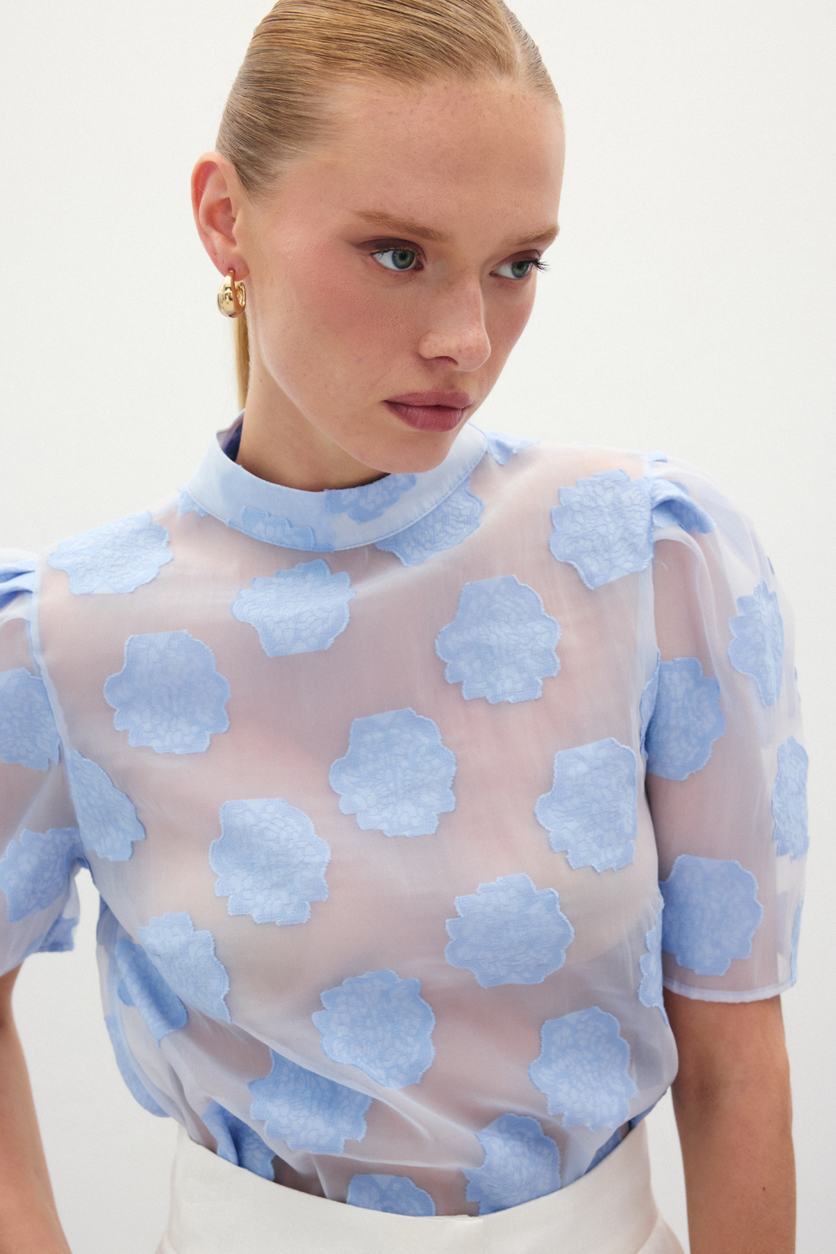 Organze Kısa Kol Bluz - Mavi