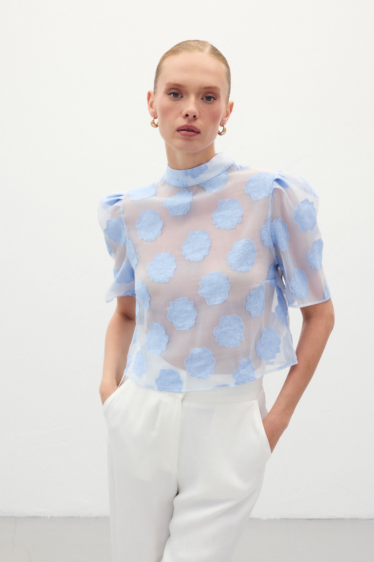 Organze Kısa Kol Bluz - Mavi