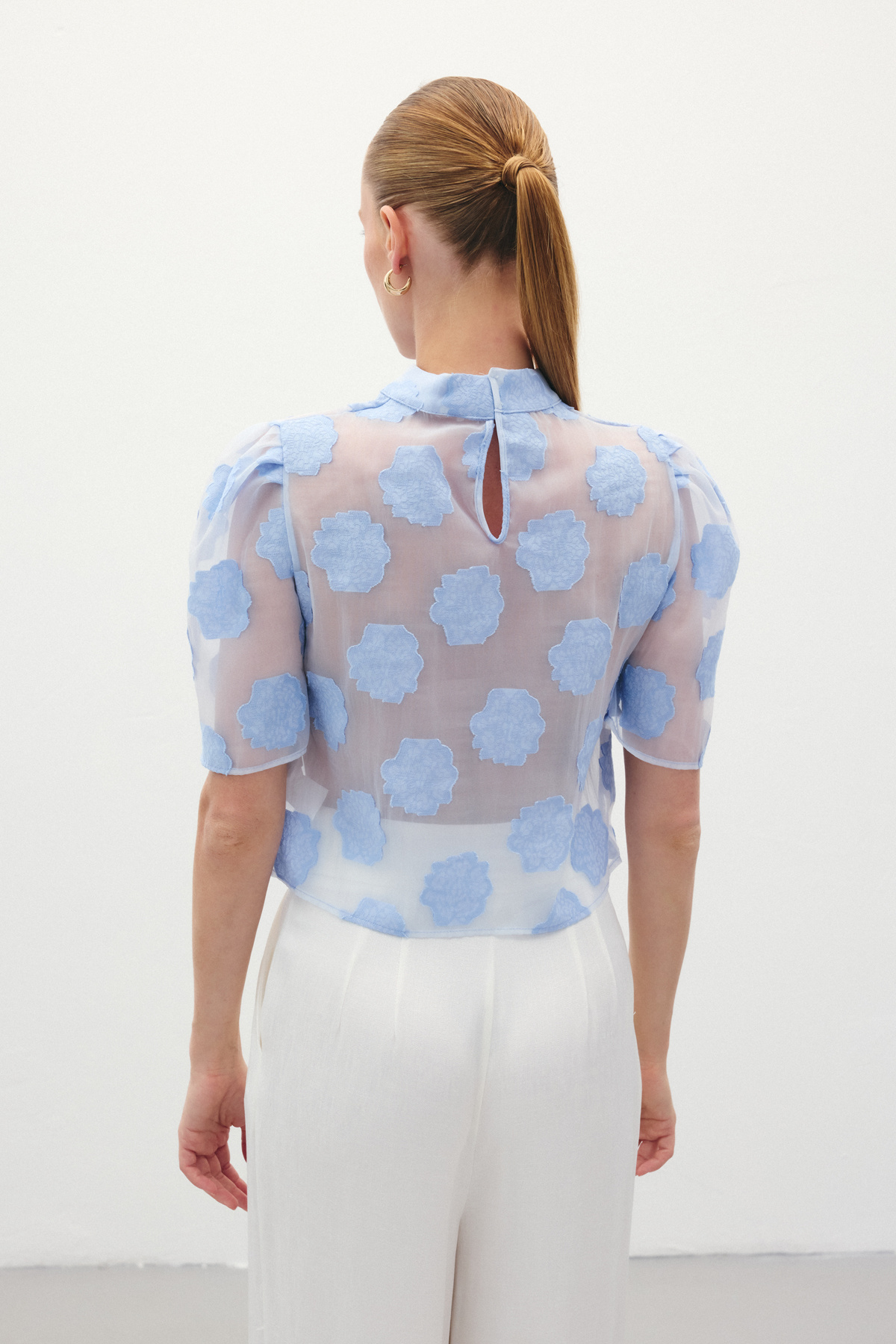 Organze Kısa Kol Bluz - Mavi