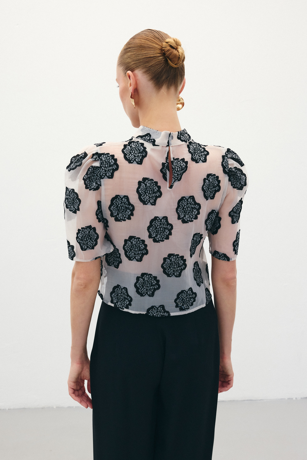 Organze Kısa Kol Bluz - Siyah