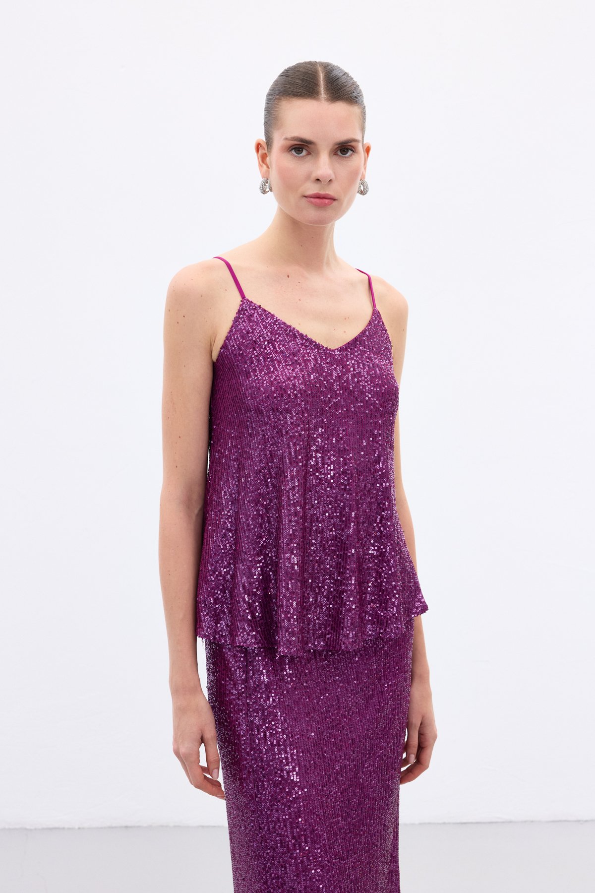 Payet Detaylı Askılı Bluz - Mürdüm