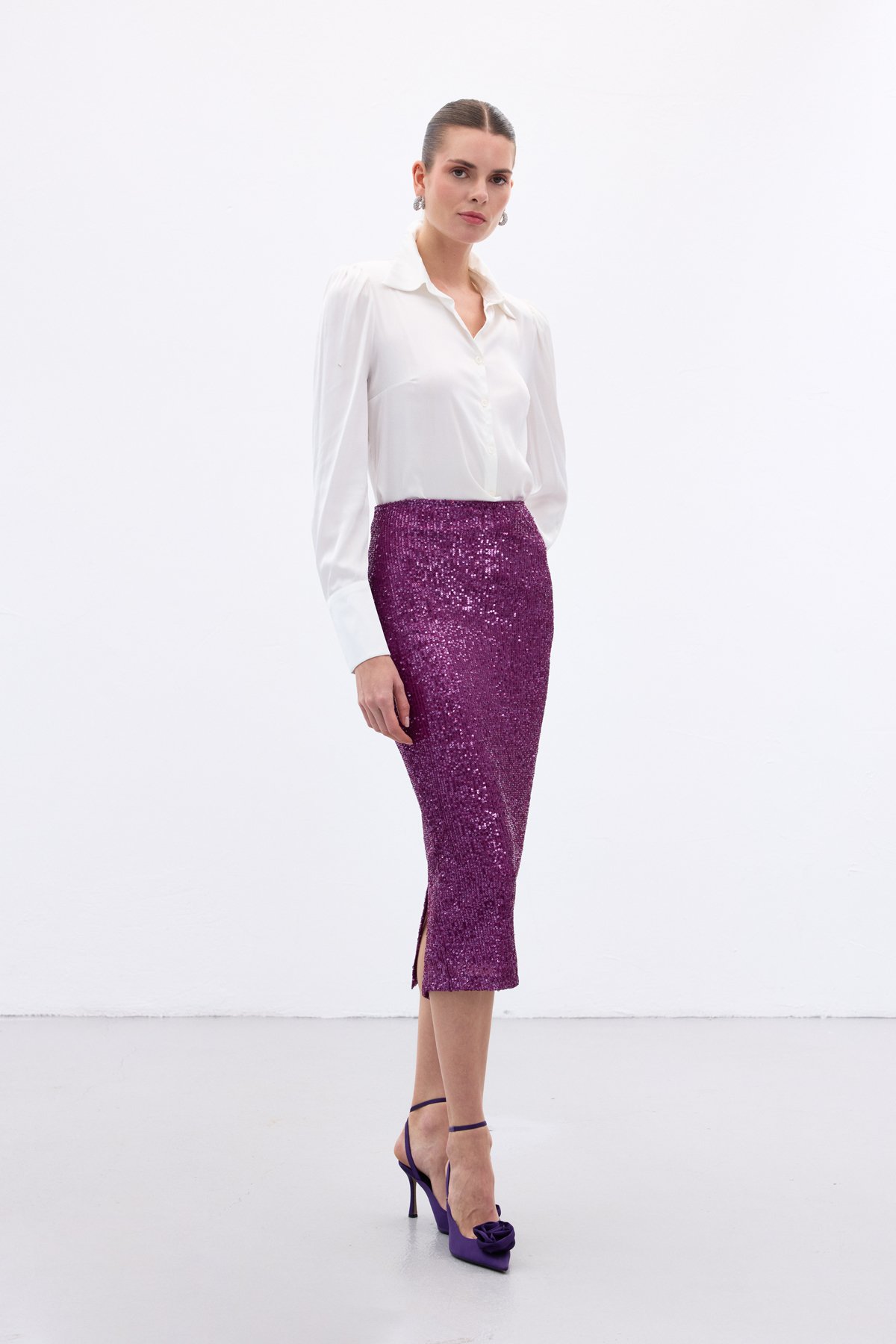 Payet Detaylı Kalem Etek - Mürdüm