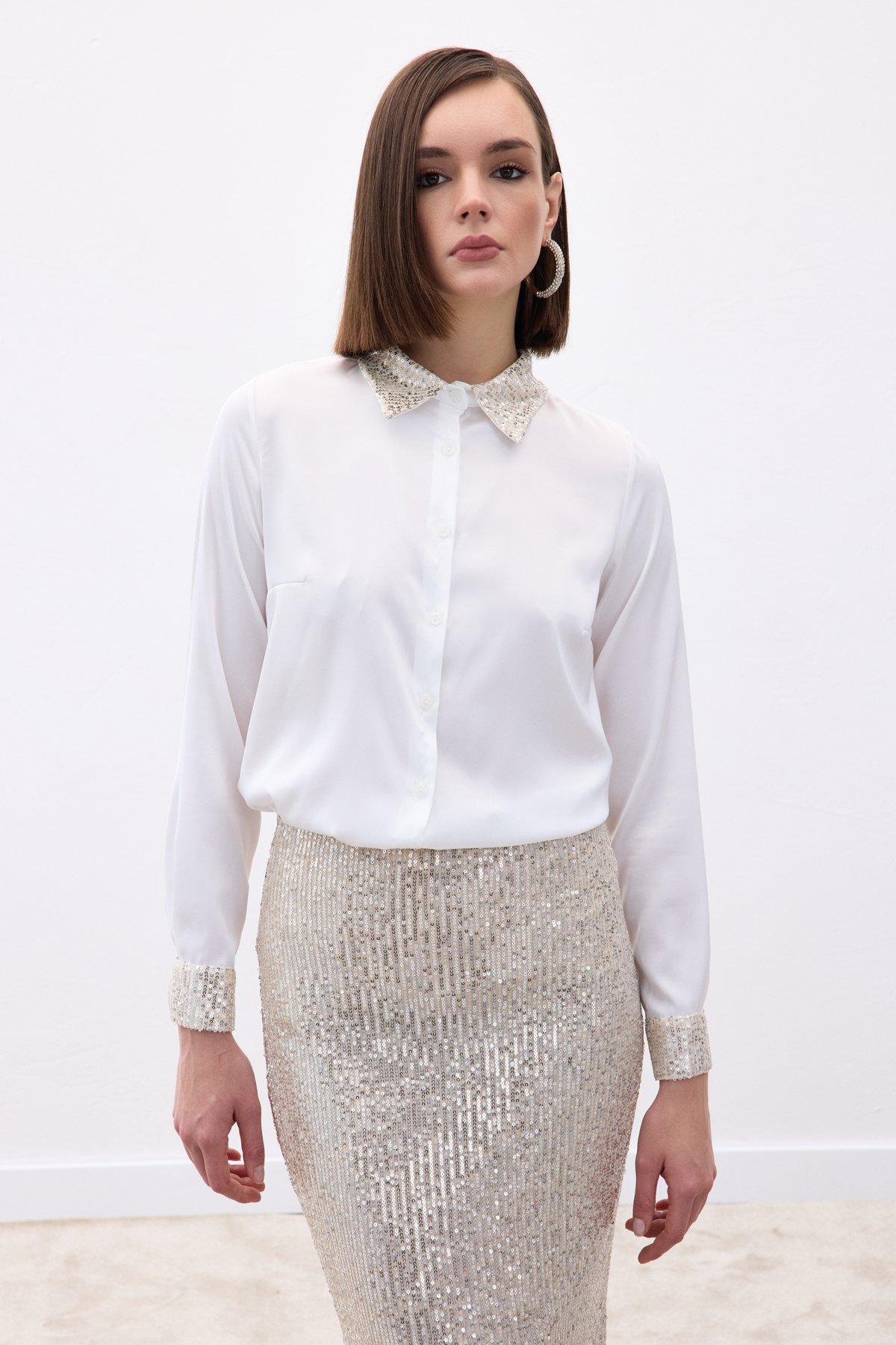 Payet Detaylı Saten Gömlek - Bej