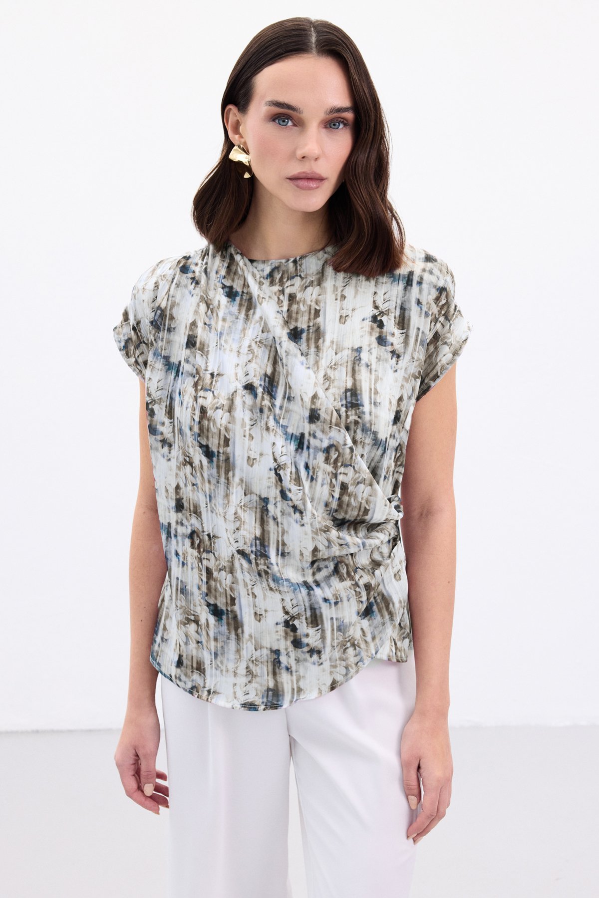 Pileli Kolsuz Bluz - İndigo