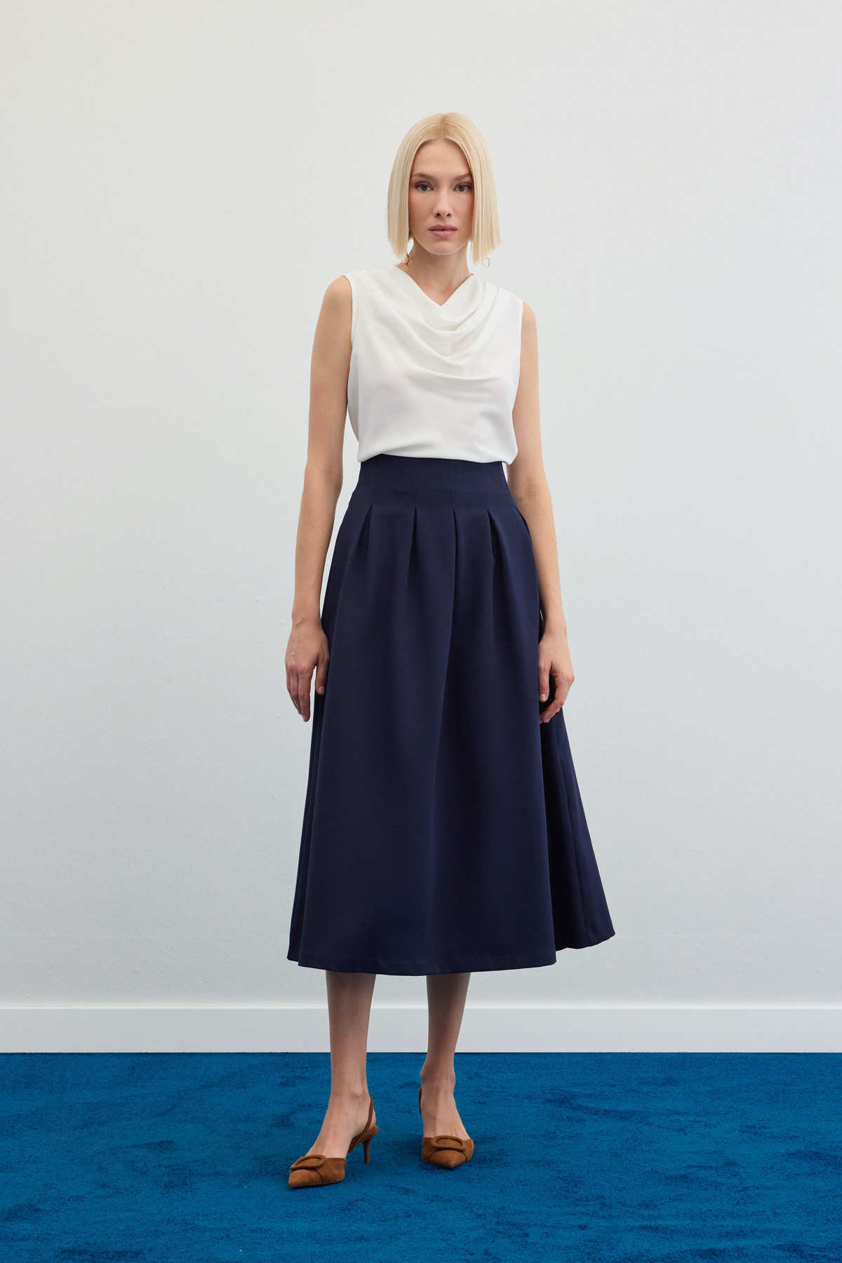 Pileli Midi Etek - Lacivert