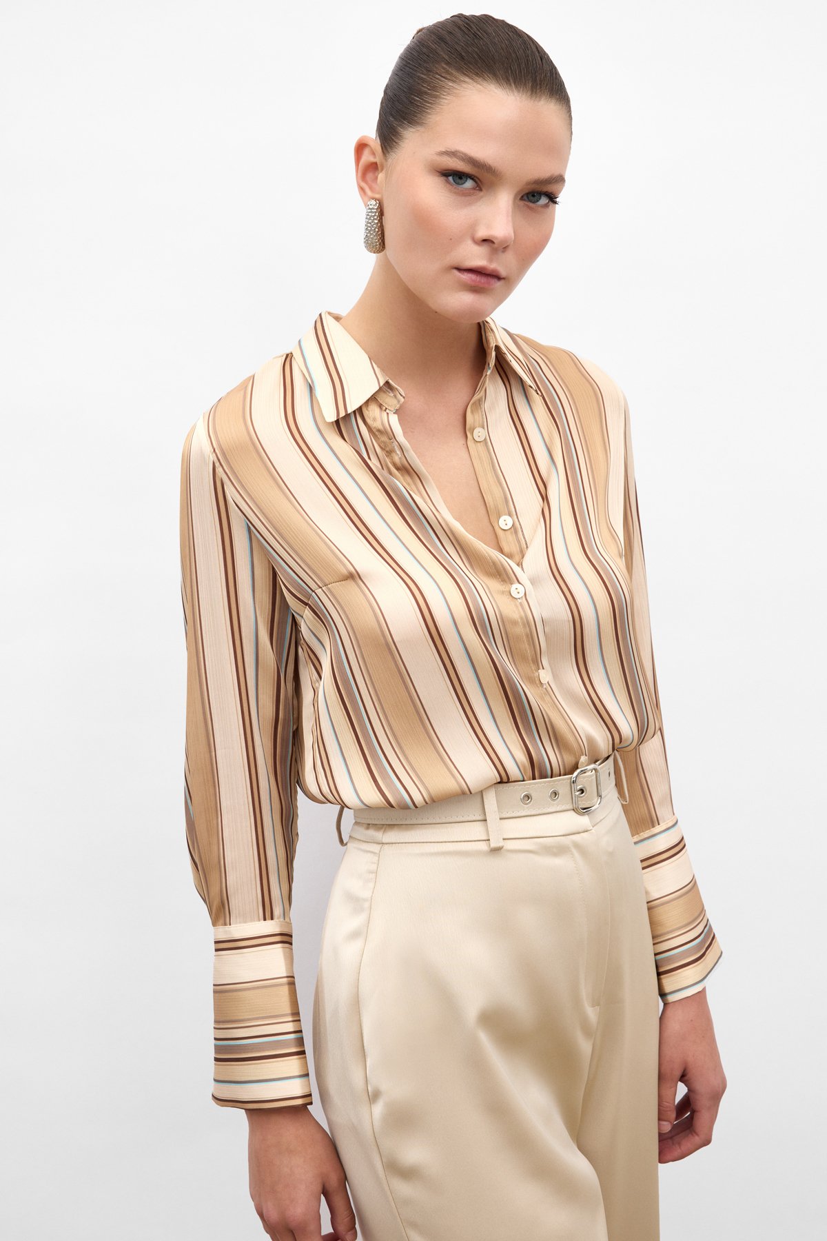 Renkli Çizgili Gömlek - Camel