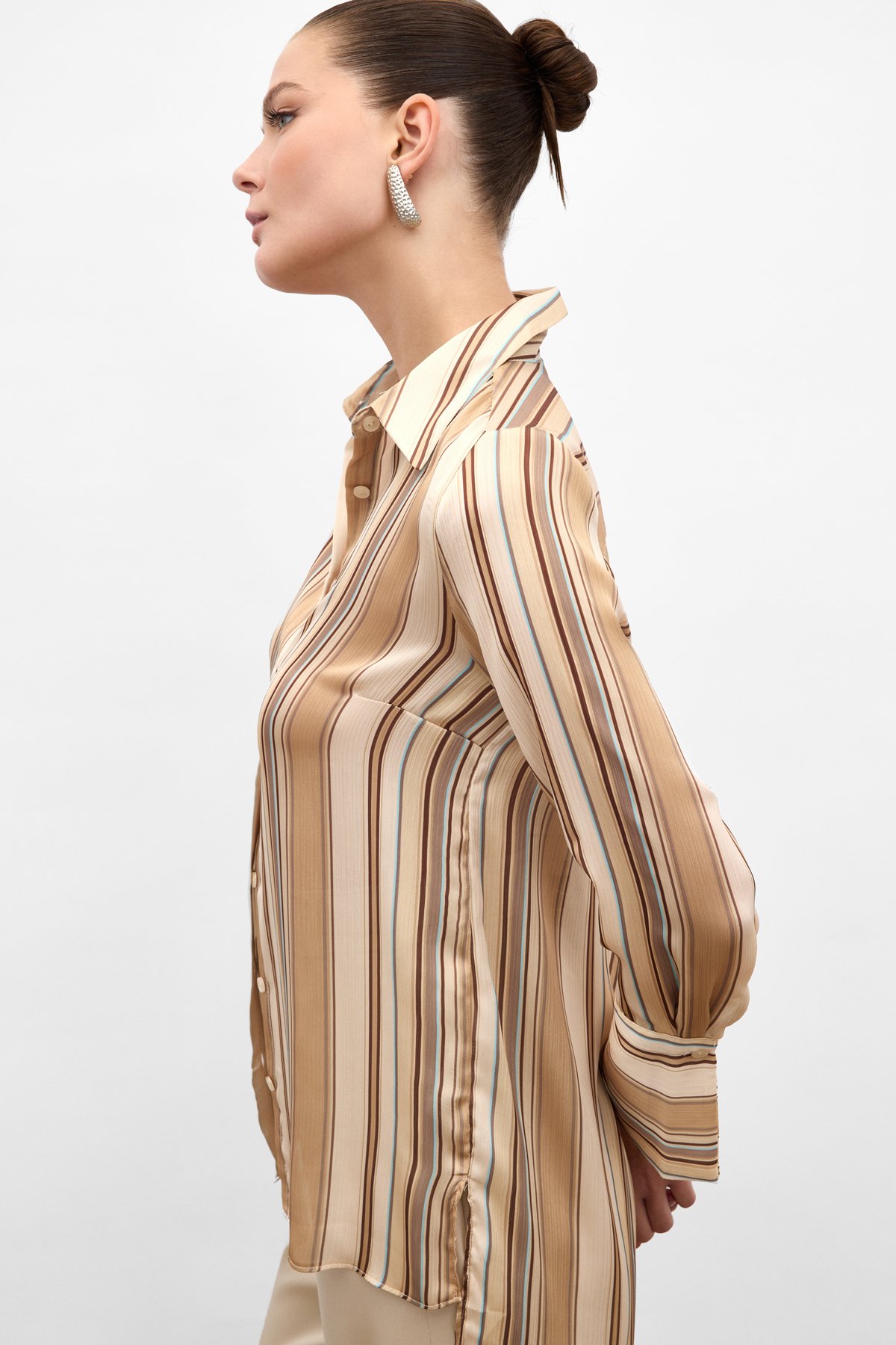 Renkli Çizgili Gömlek - Camel