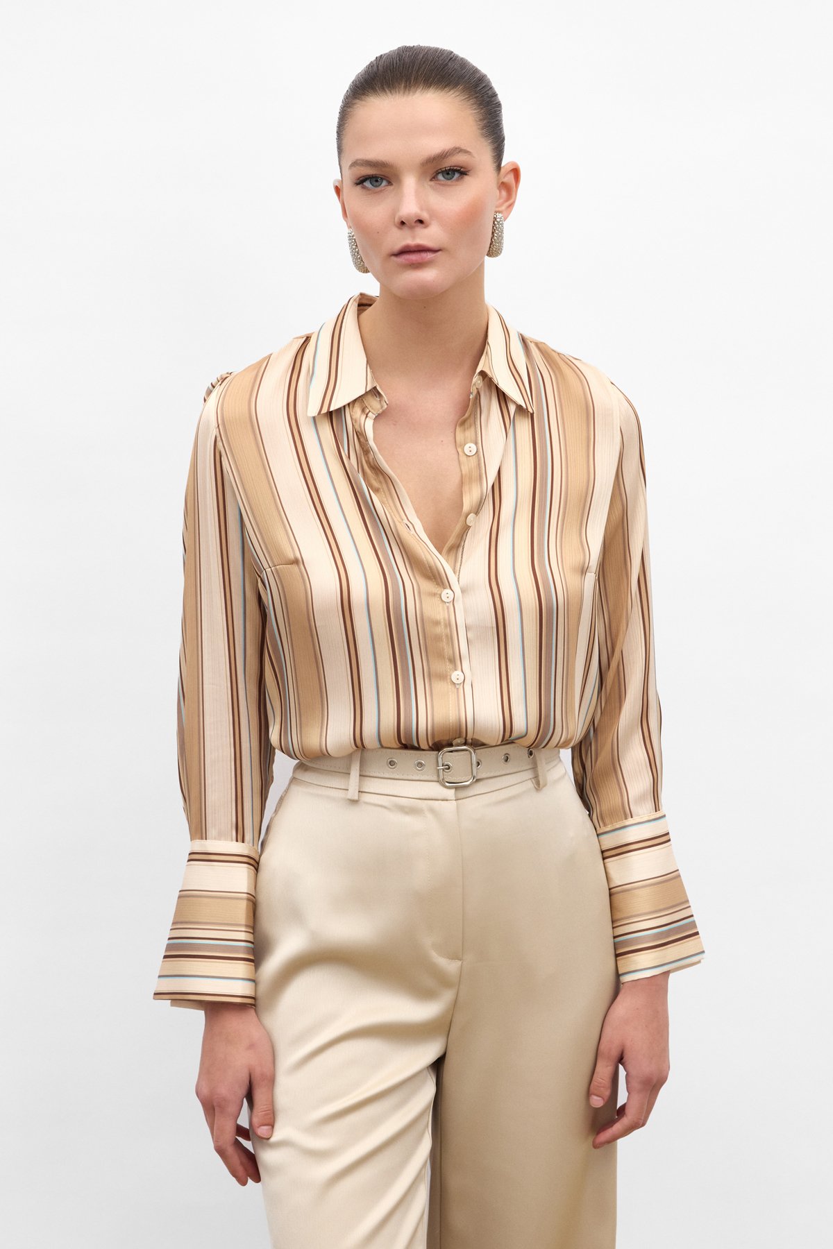 Renkli Çizgili Gömlek - Camel