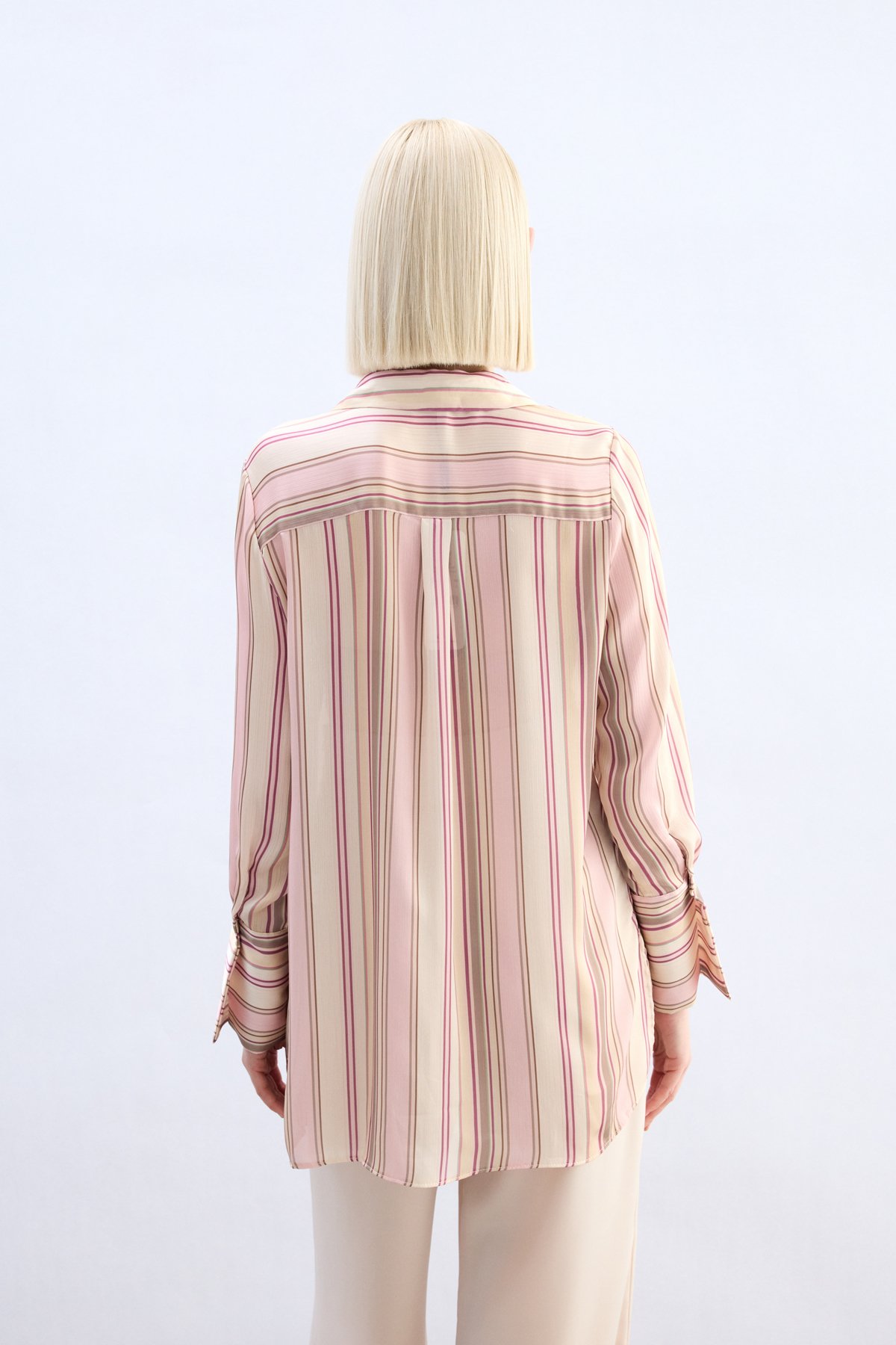 Renkli Çizgili Gömlek - Pudra