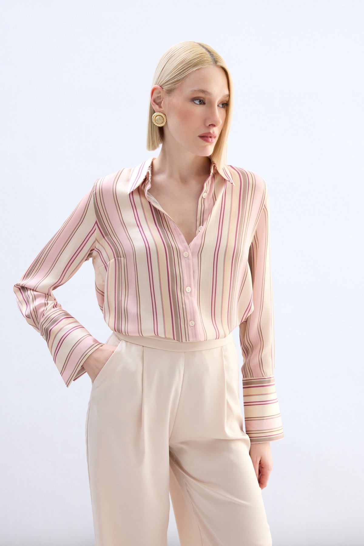 Renkli Çizgili Gömlek - Pudra