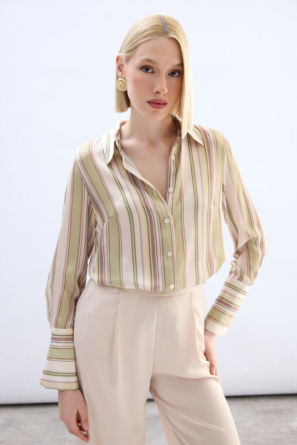Renkli Çizgili Gömlek - Yağ Yeşili