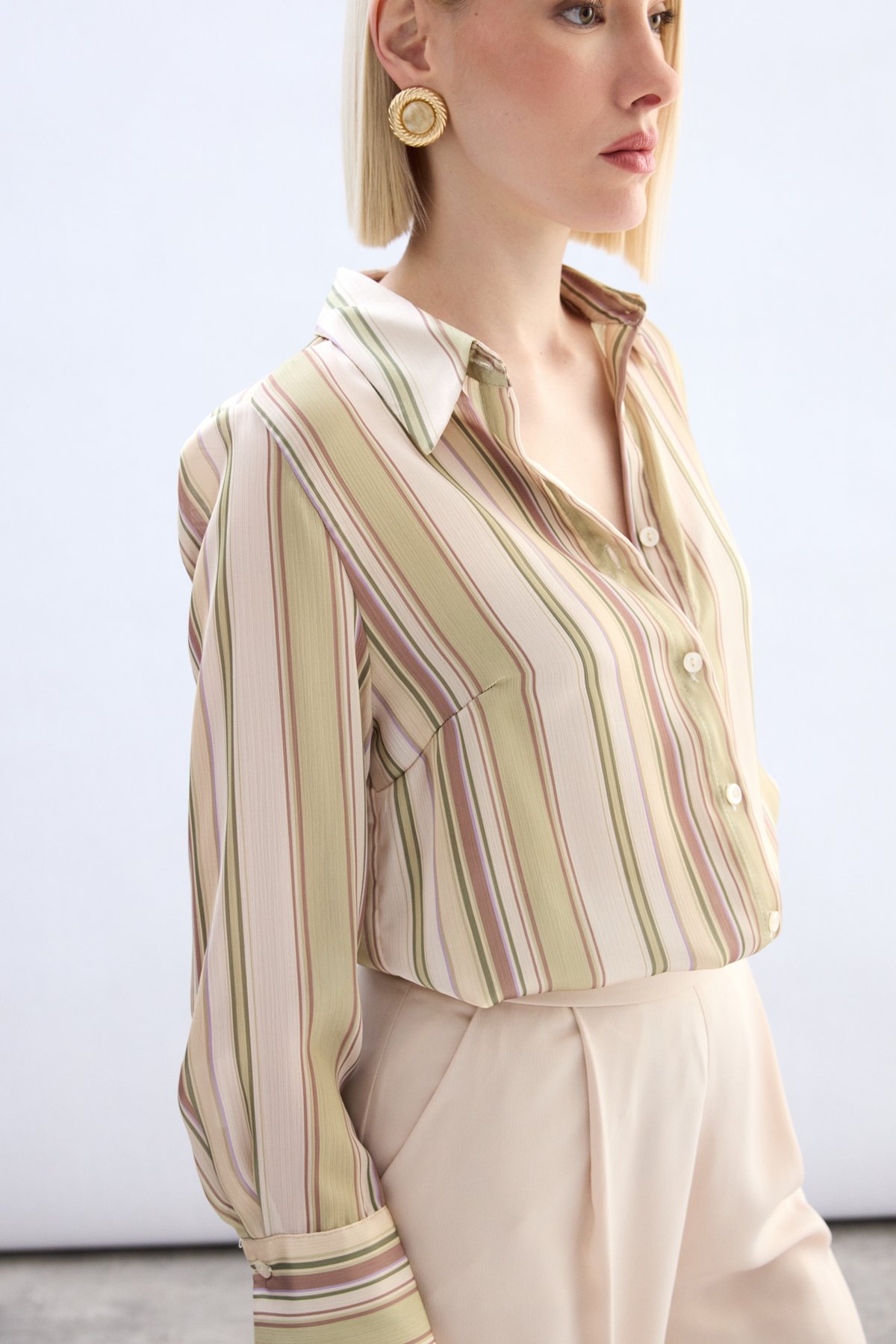 Renkli Çizgili Gömlek - Yağ Yeşili