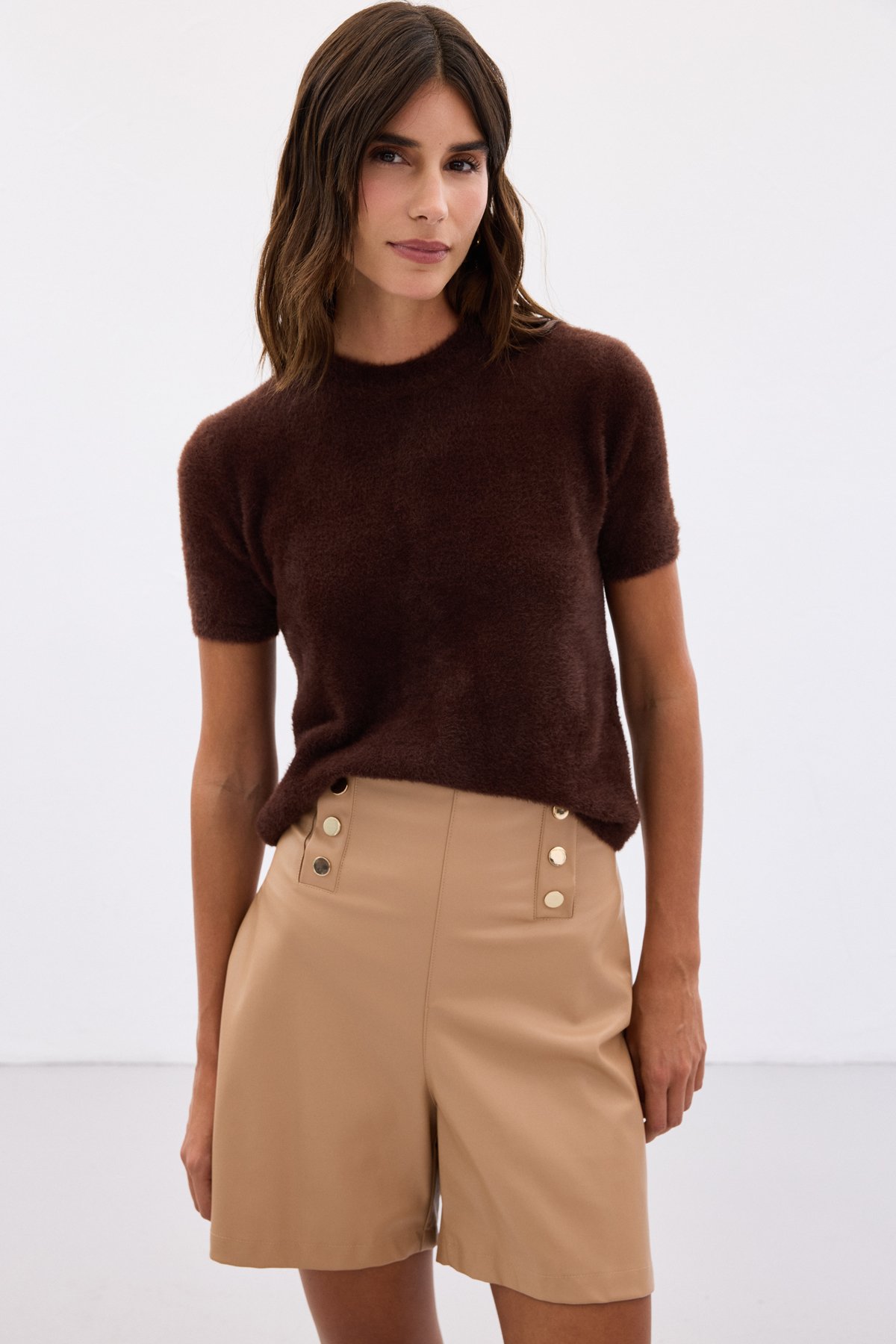 Sakallı Kısa Kol Triko - Kahve
