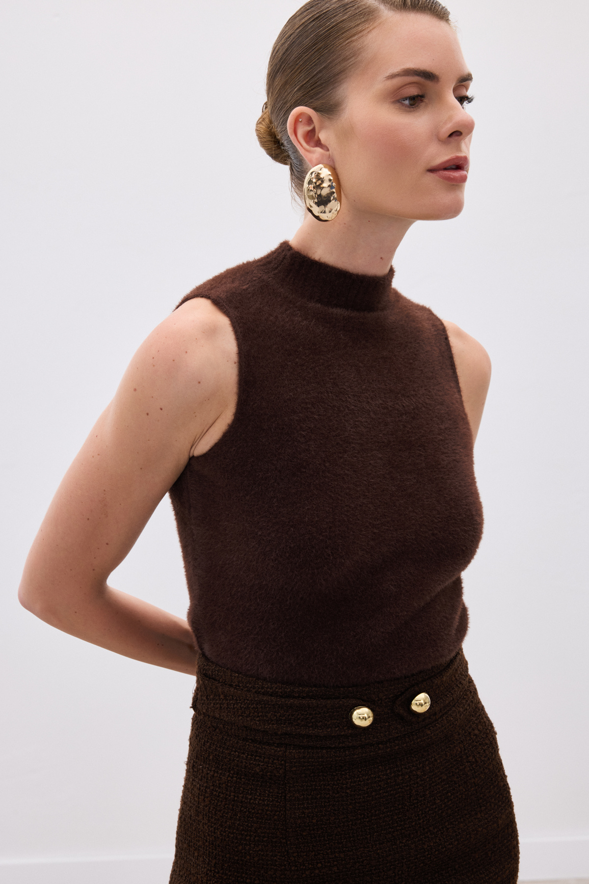 Sıfır Kol Sakallı Triko Bluz - Kahve