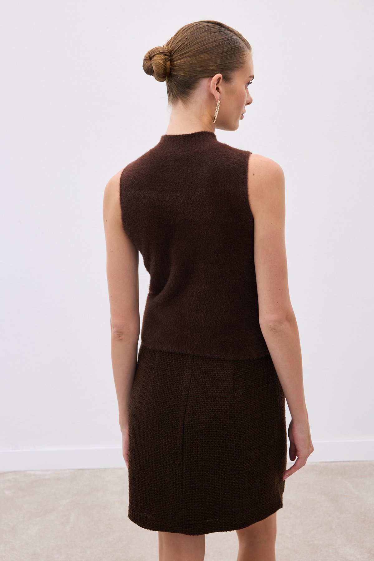 Sıfır Kol Sakallı Triko Bluz - Kahve