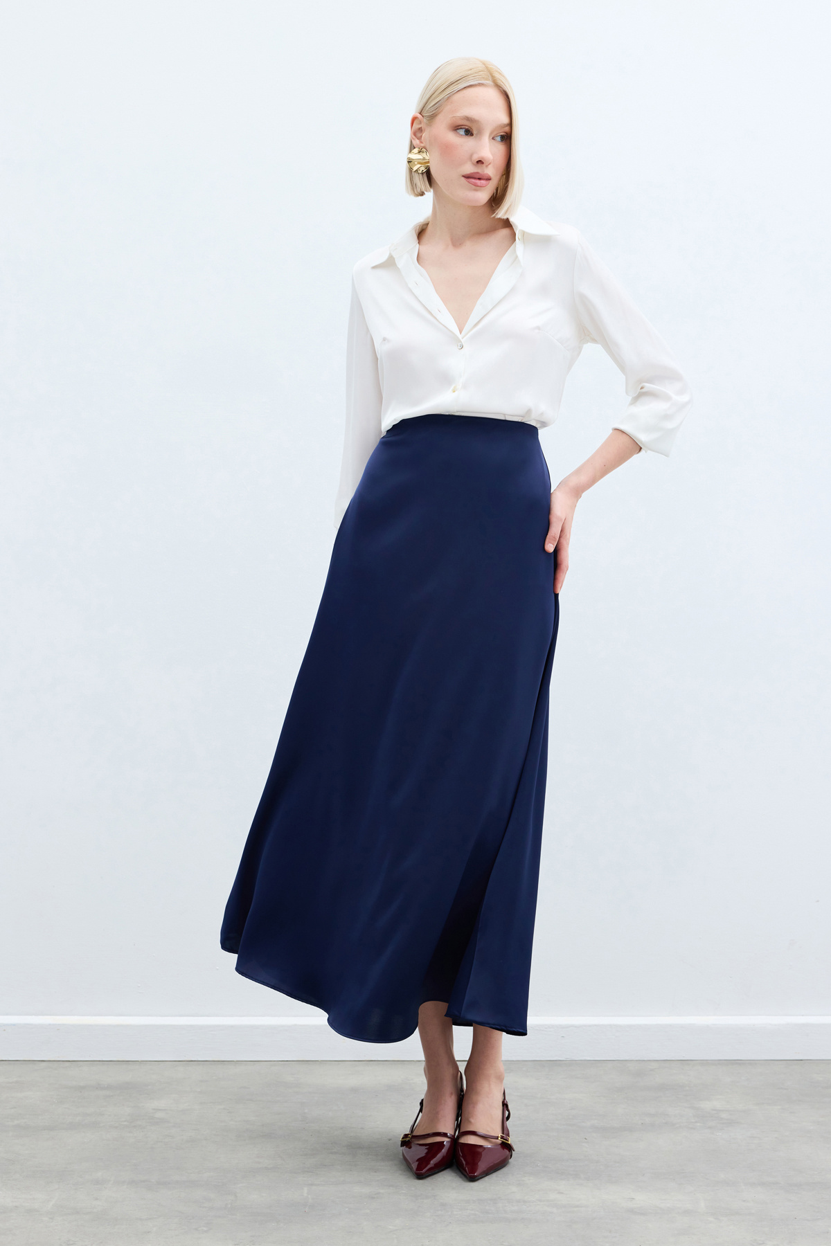 Uzun Saten Etek - Lacivert